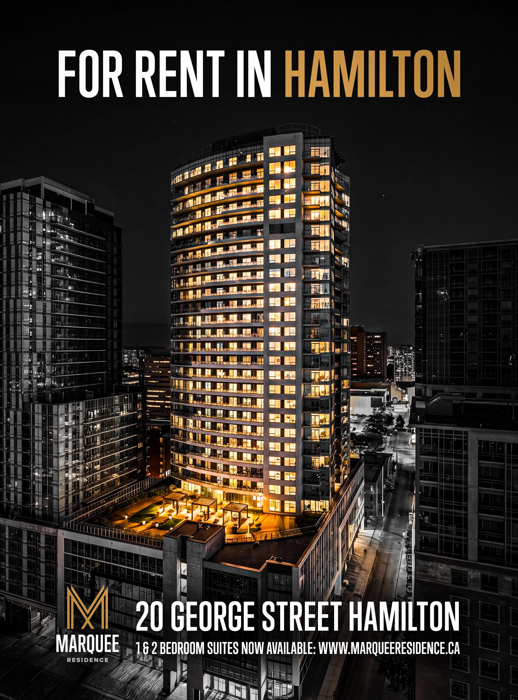 Nighttime cityscape with illuminated modern high-rise apartment buildings and text overlay advertising apartment rentals in Hamilton at 20 George Street, featuring one and two-bedroom suites available through Marquee Residences.