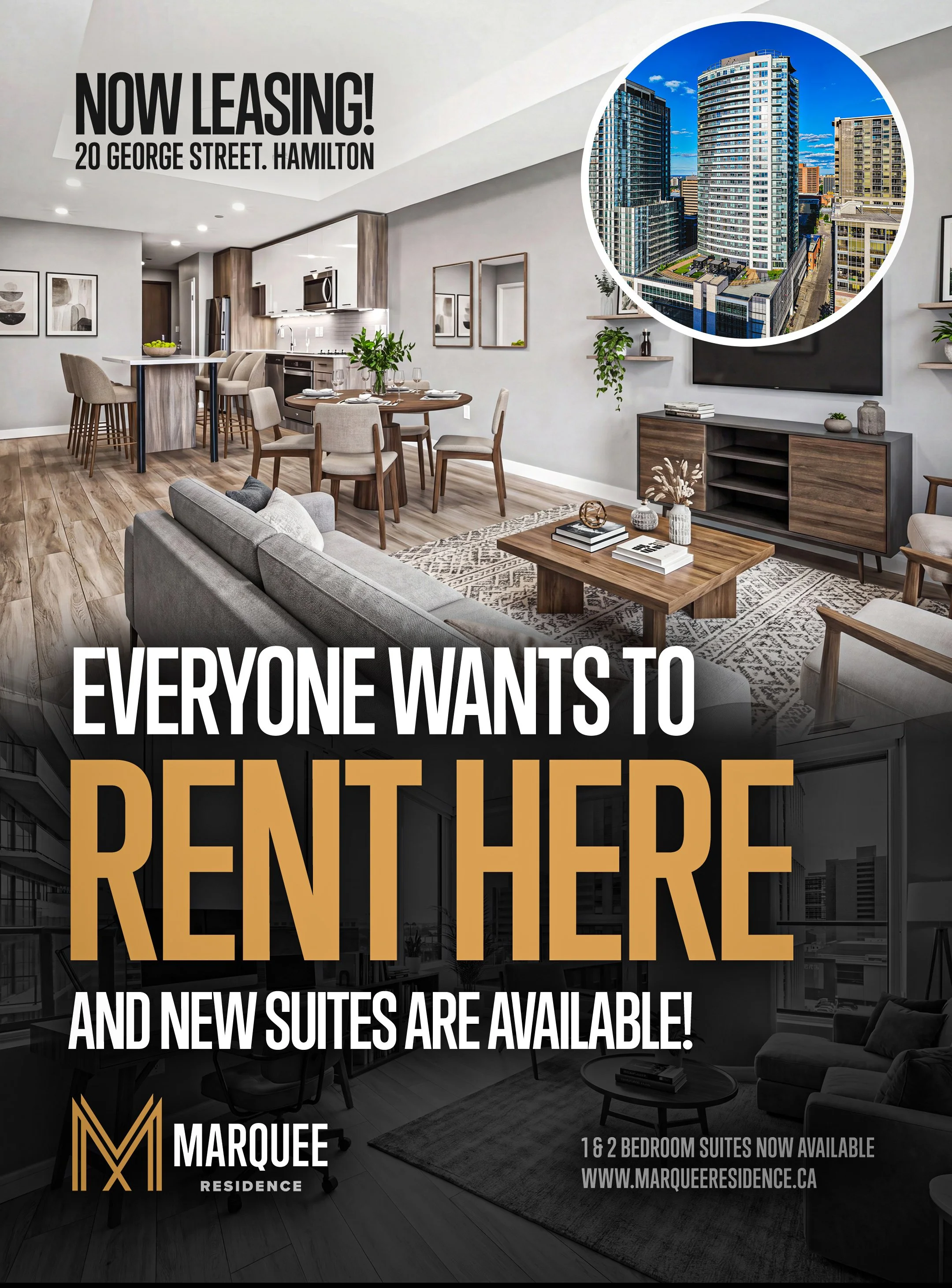 An advertisement for Marquee Residence featuring a modern apartment interior with a living room, dining area, and kitchen. The ad promotes leasing of suites at 20 George Street, Hamilton, with new suites available, including 1 and 2 bedroom options. 