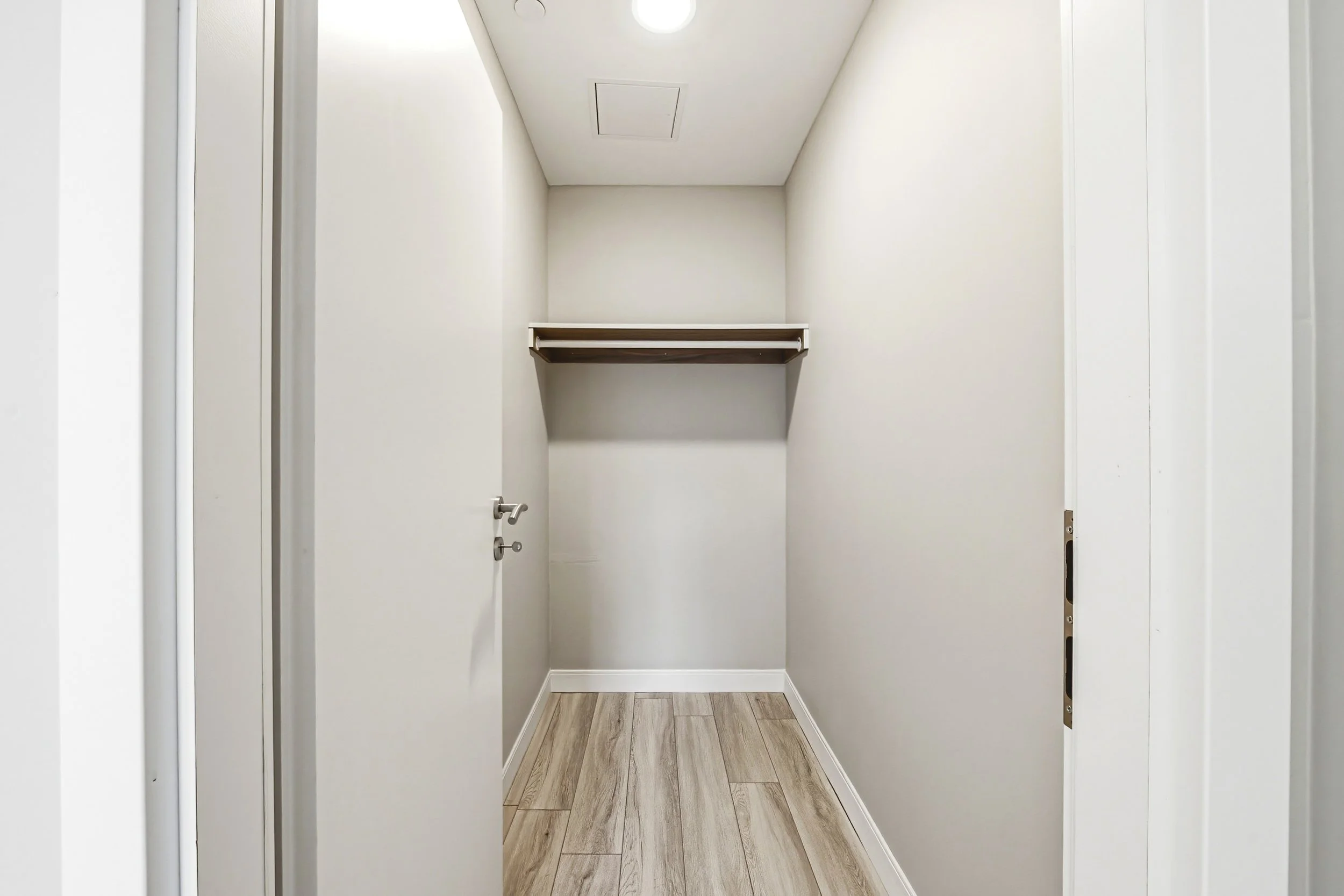 Empty walk-in closet with white walls, light wood flooring, a single shelf, and closet rod, with a door partially open.