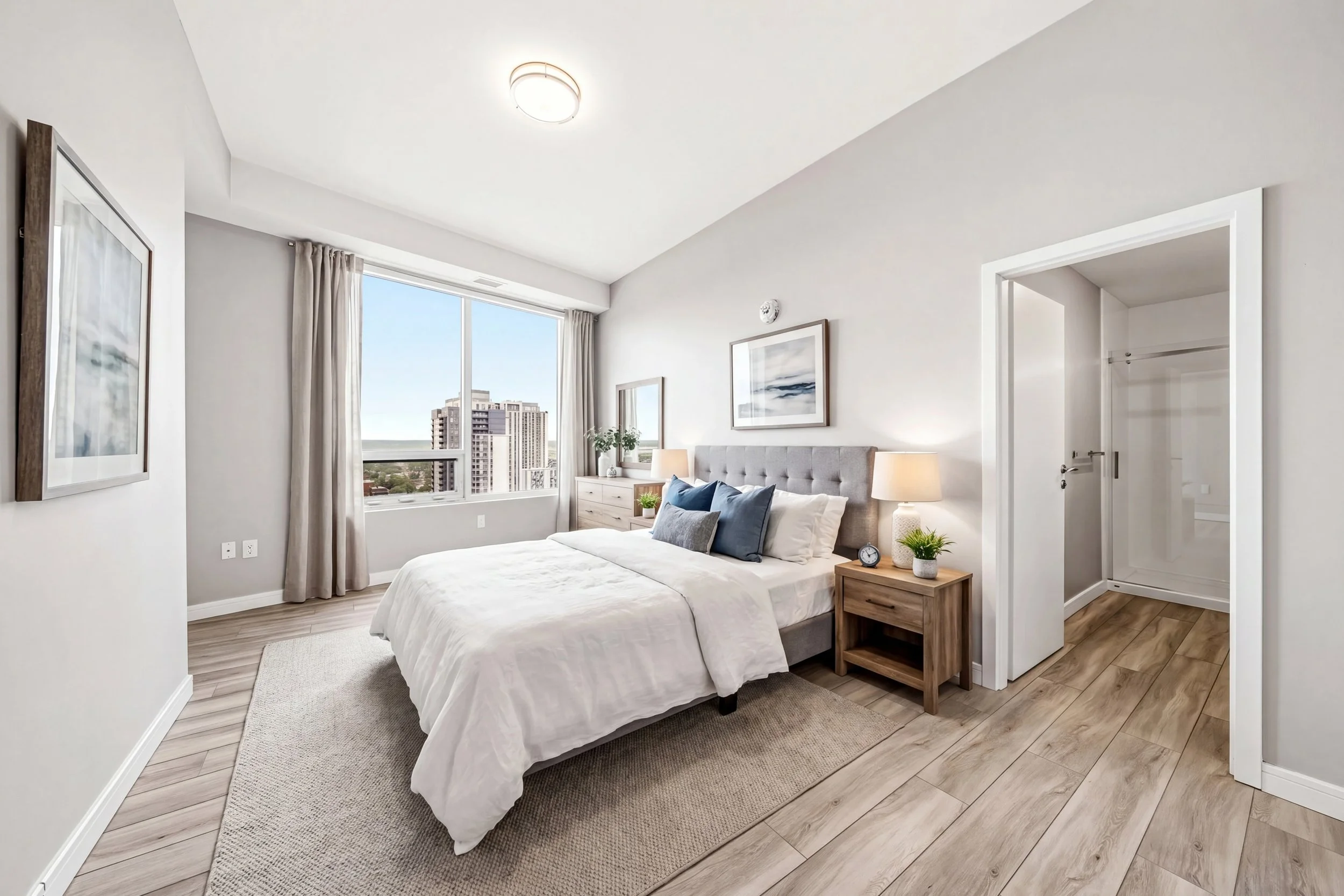 A modern, minimalist bedroom with a large window showing a city skyline, a gray upholstered bed with white linens and blue pillows, nightstand with a lamp and small plants, and wall art.