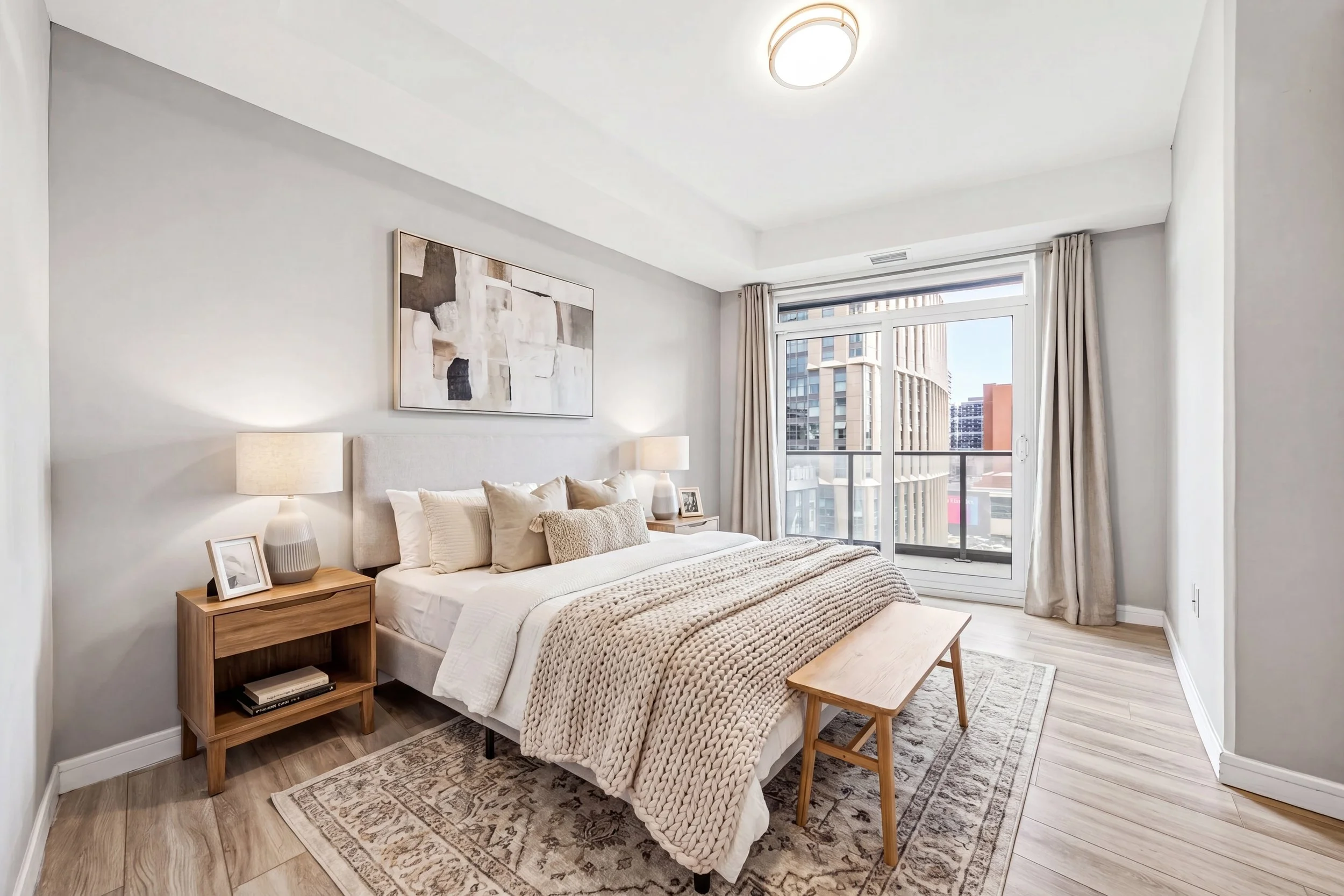 Bright and modern bedroom with a large bed, beige and white bedding, wooden nightstand with lamps and decorations, large window with city view, artwork on the wall, and light wood flooring.