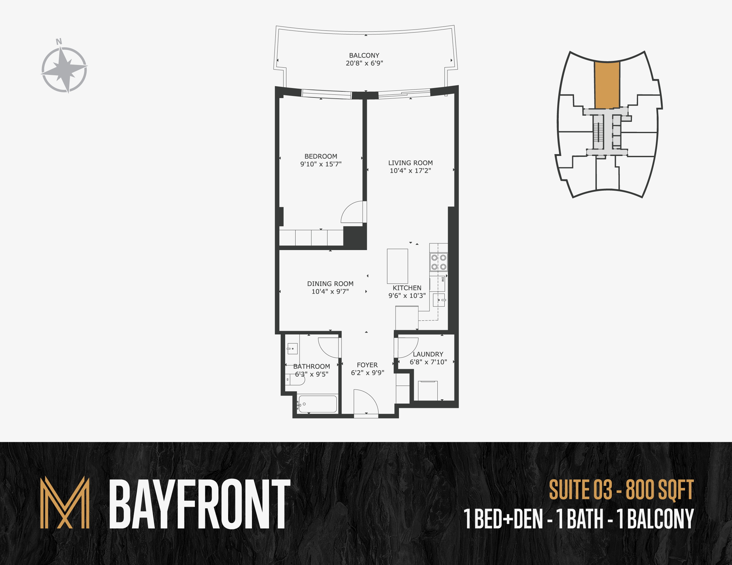 Floor plan of a one-bedroom apartment with a living room, bedroom, kitchen, dining room, bathroom, laundry, foyer, and balcony. The plan includes dimensions for each room.