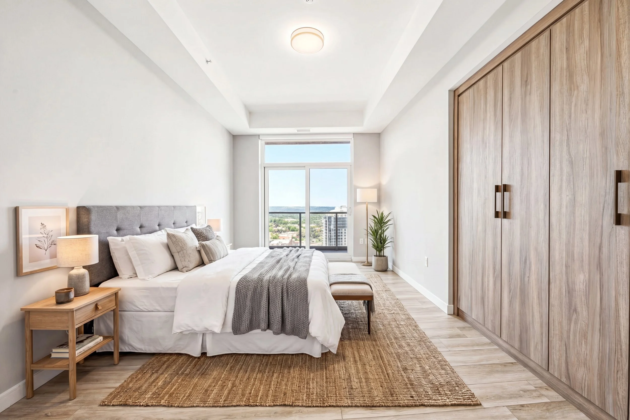 Modern bedroom with white walls, large window, gray upholstered headboard, wooden nightstand, beige lamps, bed with white and gray bedding, artwork, indoor plant, built-in wooden closet, and beige rug.