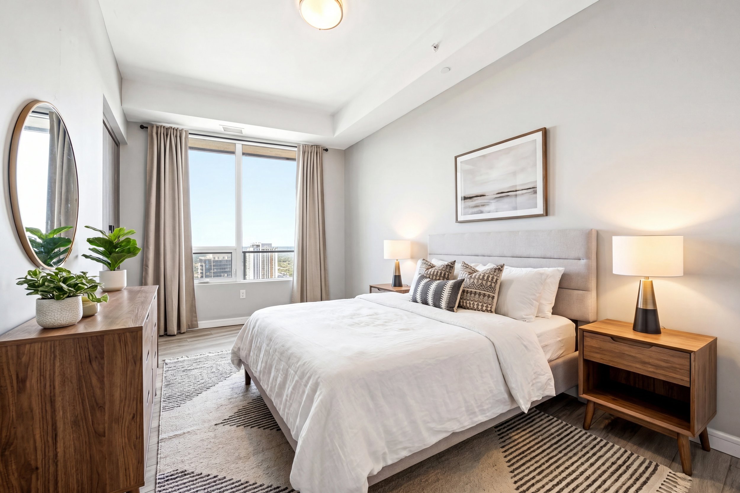 Bright bedroom with a large window and city view, beige curtains, bed with white bedding, wooden nightstands with lamps, framed abstract art, indoor plants, light-colored rug.