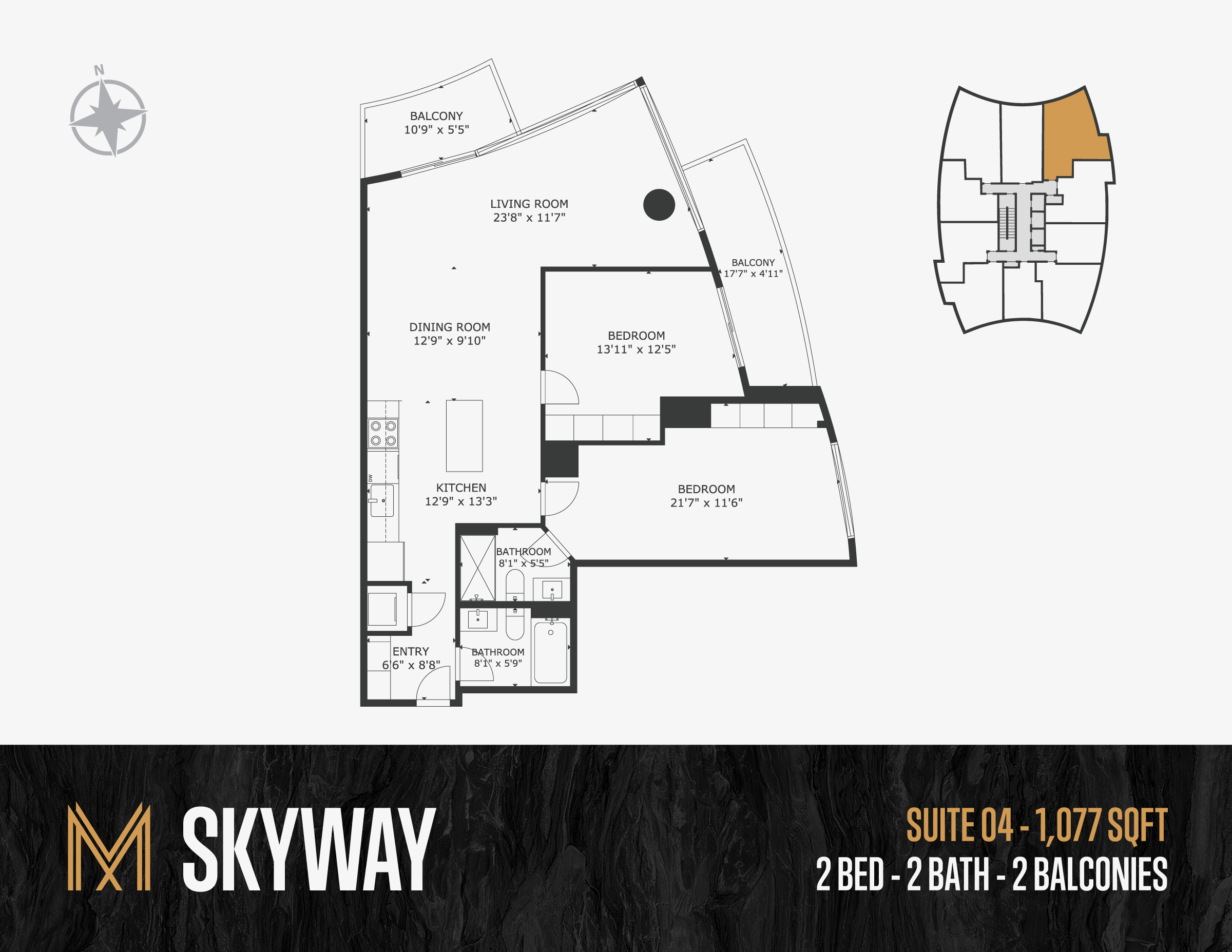 Floor plan of a residential suite with two bedrooms, two bathrooms, two balconies, a living room, dining room, and kitchen, with measurements for each room.