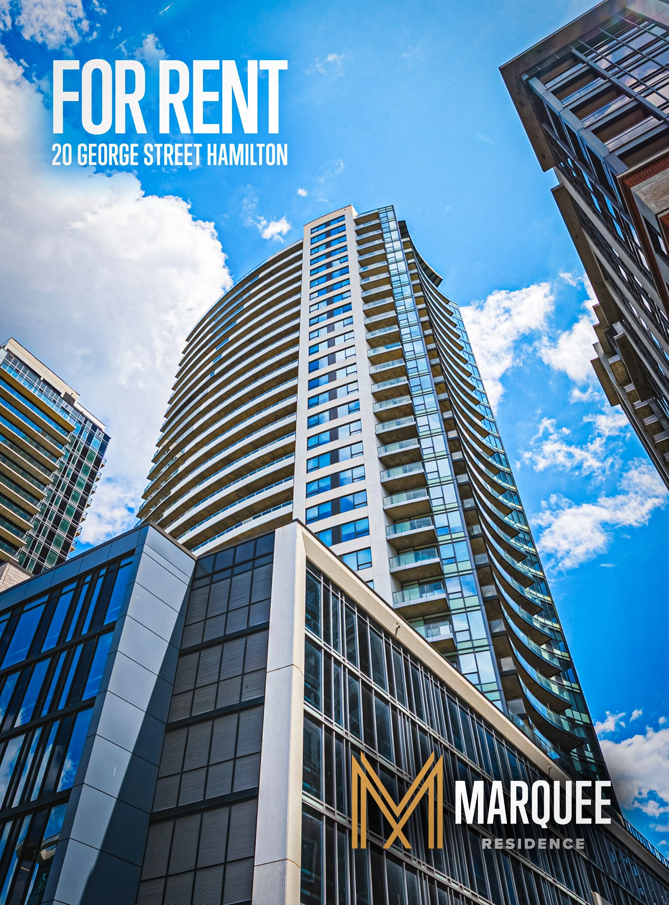 A modern high-rise building with curved balconies and glass windows under a partly cloudy blue sky, with overlay text indicating a rental listing for Marquee Residence at 20 George Street Hamilton.