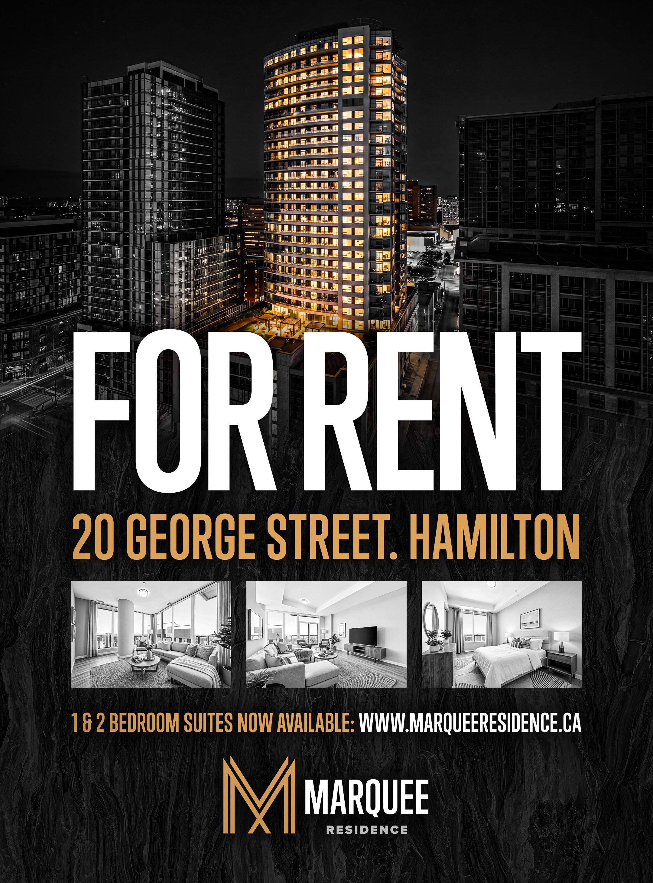 Nighttime cityscape with illuminated high-rise buildings; overlay text promoting Marquee Residence apartments at 20 George Street, Hamilton, featuring interior photos of living spaces and bedrooms.