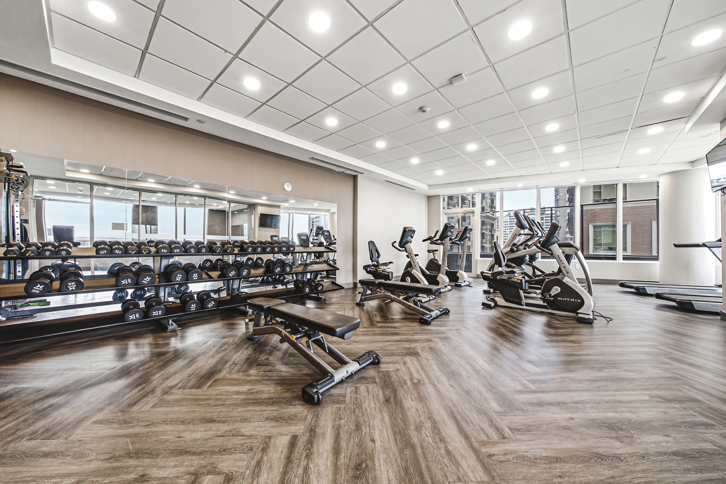 A modern gym room with fitness equipment, including dumbbells, stationary bikes, and treadmills, with large windows showing city buildings outside.