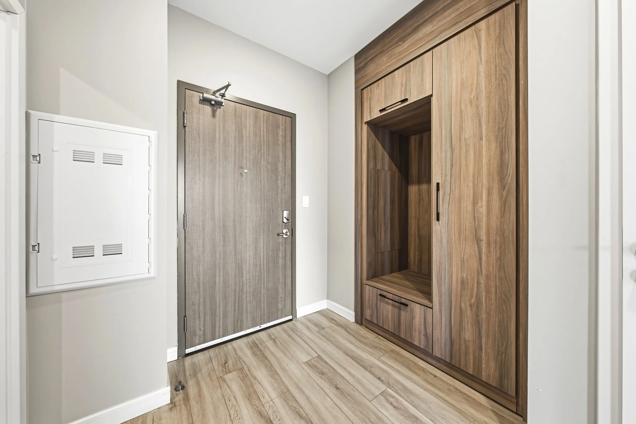 Interior of an entryway with a gray main door and a closet with wooden doors. White walls and wood-look flooring.