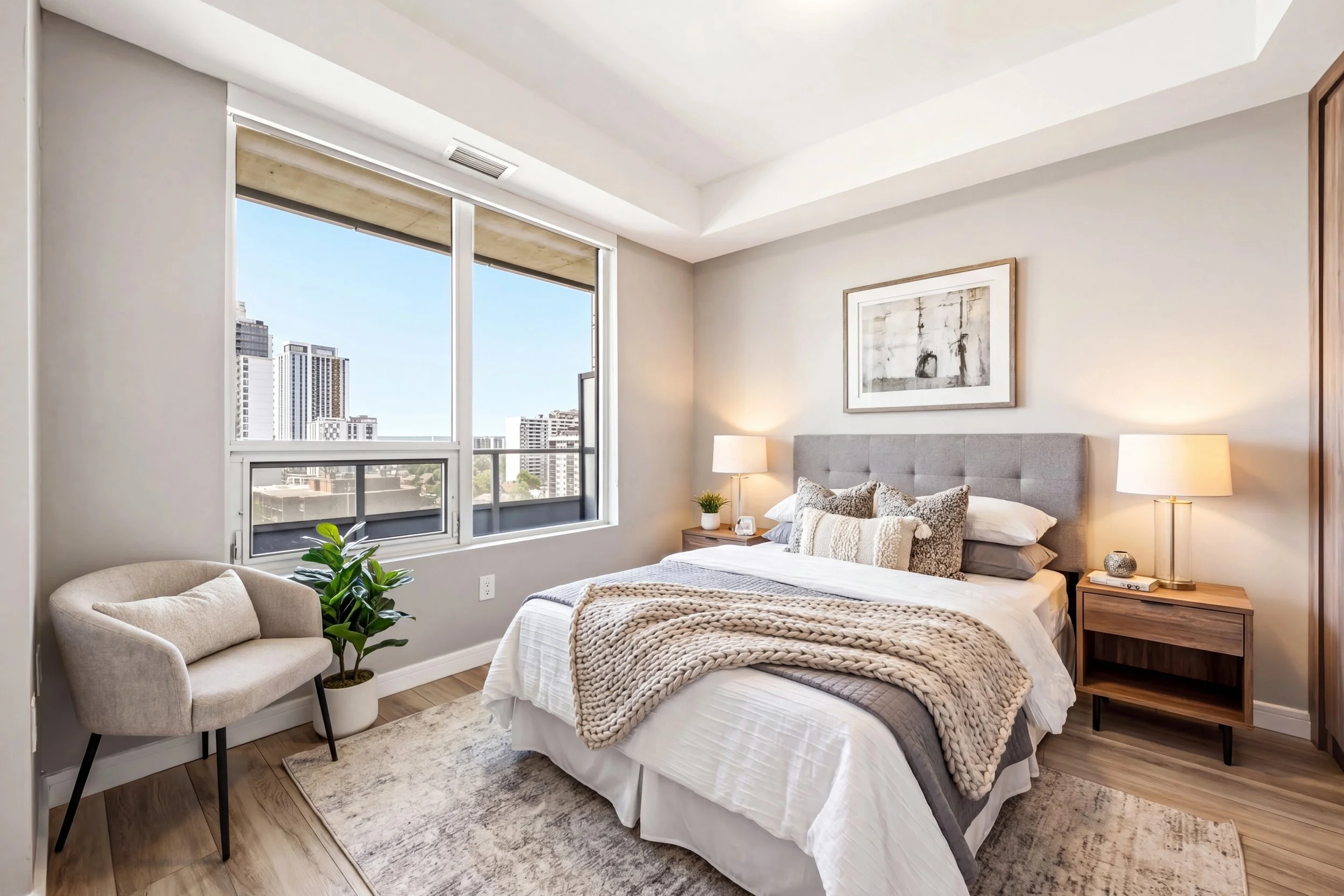 Modern bedroom with large window overlooking cityscape, bed with gray upholstered headboard, white and beige bedding, bedside tables with lamps, framed abstract art, beige armchair, potted plant, wooden floor, and neutral wall colors.