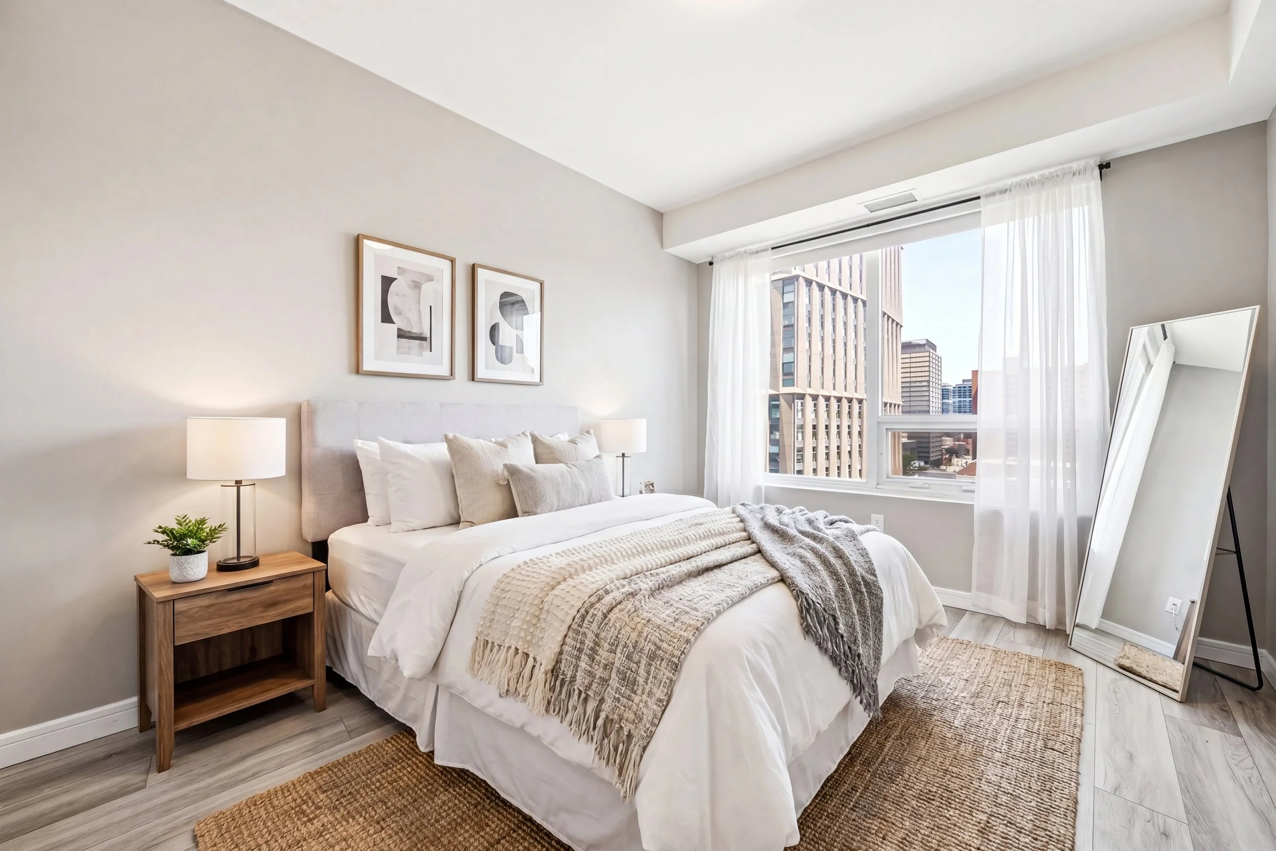 A modern bedroom with a large bed, nightstand with a potted plant, and a bedside lamp. The room has a large window with sheer curtains, abstract artwork on the wall, full-length mirror, and a city view outside.