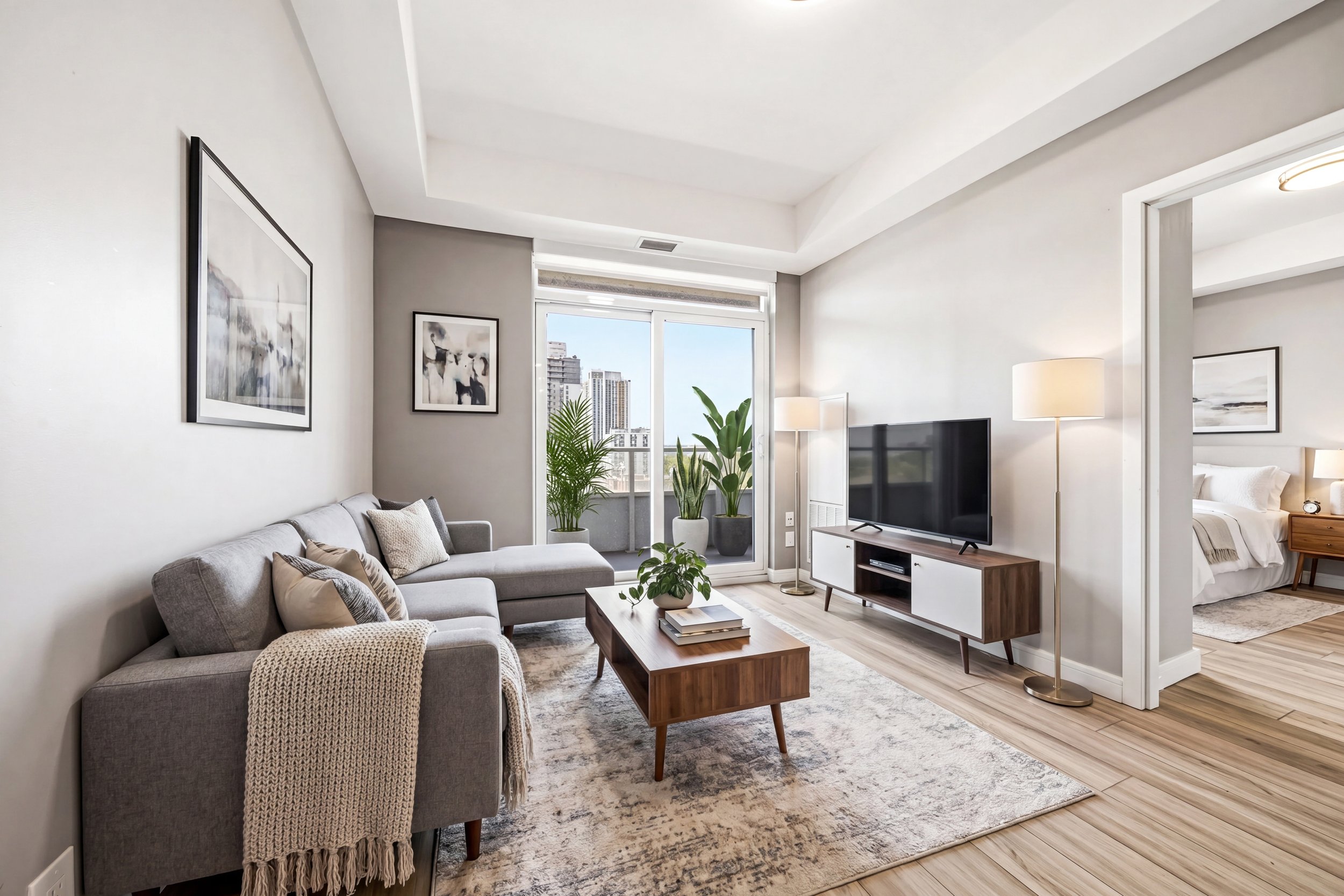 A modern living room with a gray sofa, framed artwork on the white wall, and a large window/door with cityscape views. There are green plants near the window, a TV on a wooden stand, and a tall floor lamp. Adjacent to the living room is a bedroom wit