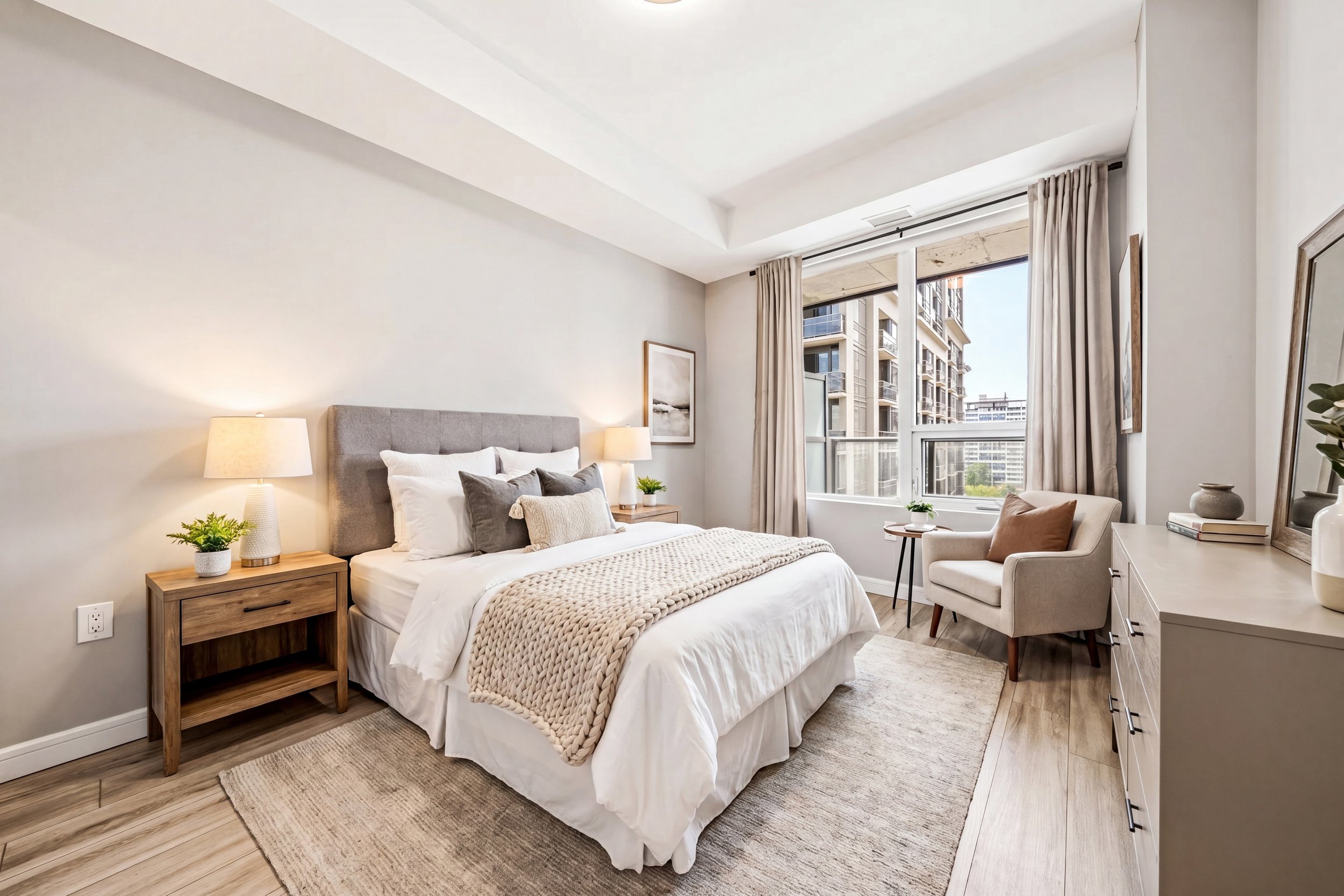 A modern bedroom with a large bed with white bedding and pillows, side tables with lamps, a white dresser with decorative items, a cozy armchair, large windows with beige curtains showing city buildings, and framed artwork on the walls.