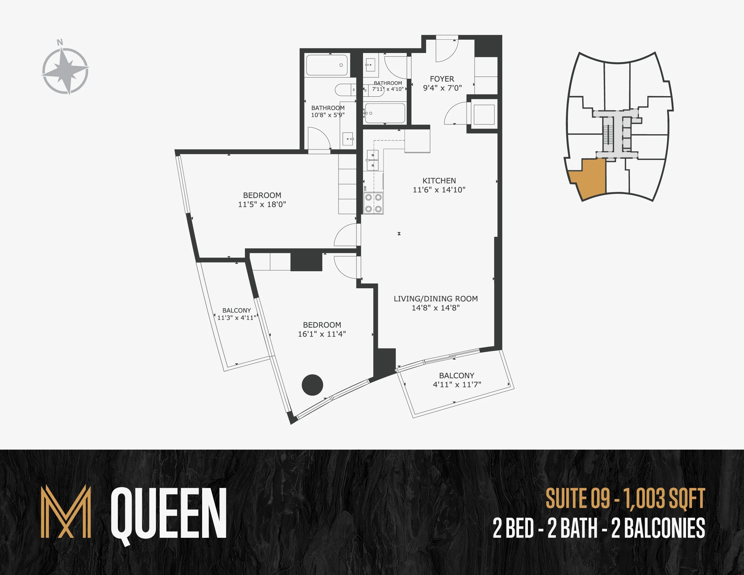 Floor plan of an apartment with labeled rooms including two bedrooms, two bathrooms, a kitchen, a living/dining room, and two balconies. The plan features measurements for each room and includes a small site map with an area highlighted in orange.