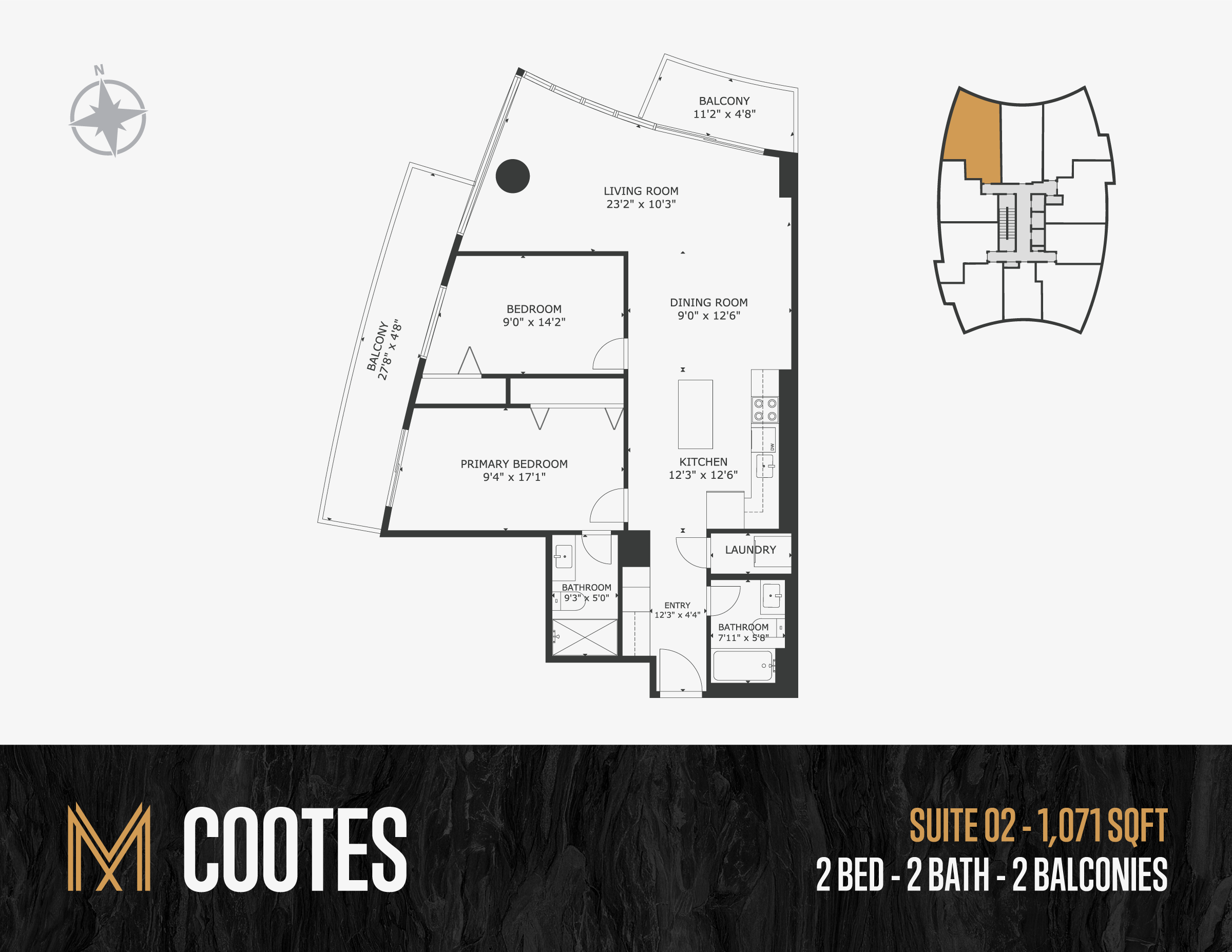 Floor plan of an apartment with labeled rooms including living room, bedrooms, kitchen, and balconies, with a site map on the right and branding at the bottom.