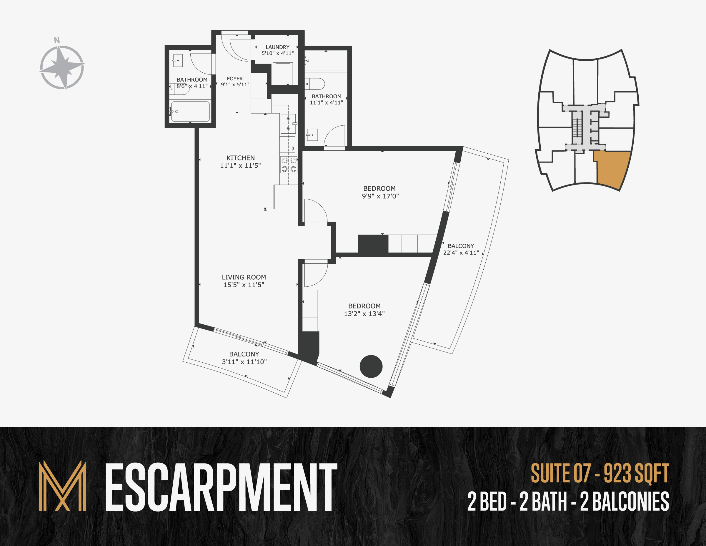Floor plan of a residential apartment with rooms including two bedrooms, two bathrooms, a living room, a kitchen, laundry area, foyer, and balconies. A smaller diagram on the right shows the apartment location within a building layout, highlighted in orange.