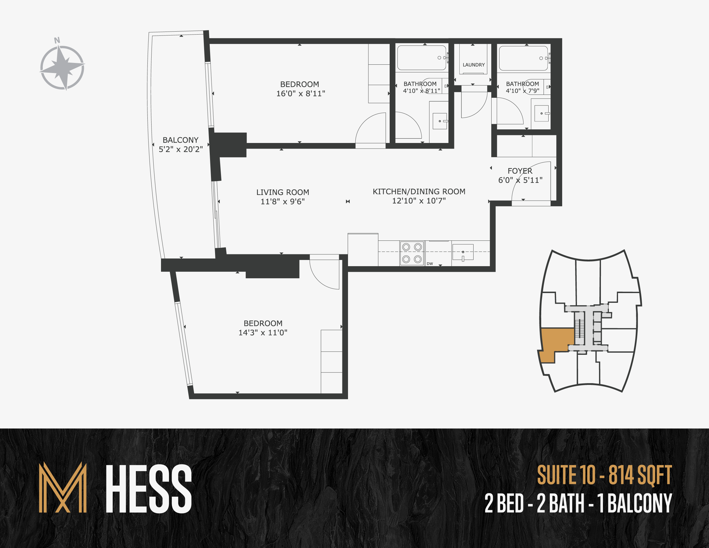 Floor plan of an apartment labeled with rooms including two bedrooms, two bathrooms, a living room, a kitchen/dining room, a foyer, and a balcony, with measurements specified for each area.