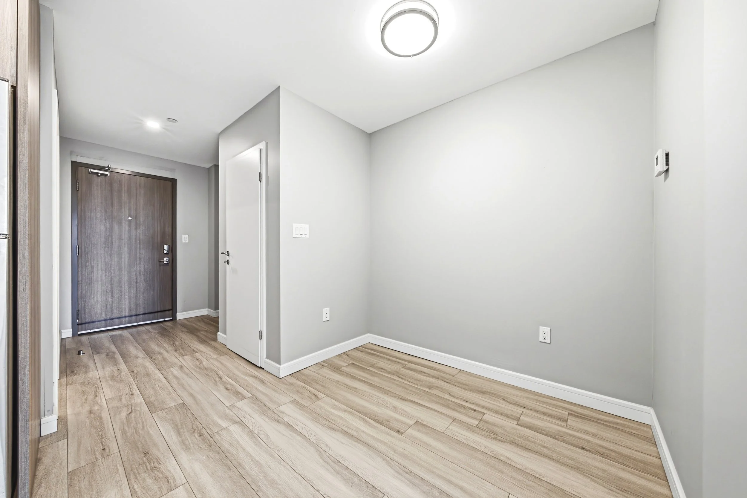 Interior of an apartment entryway with a dark wood front door, white and gray walls, light wood flooring, and minimal decor.