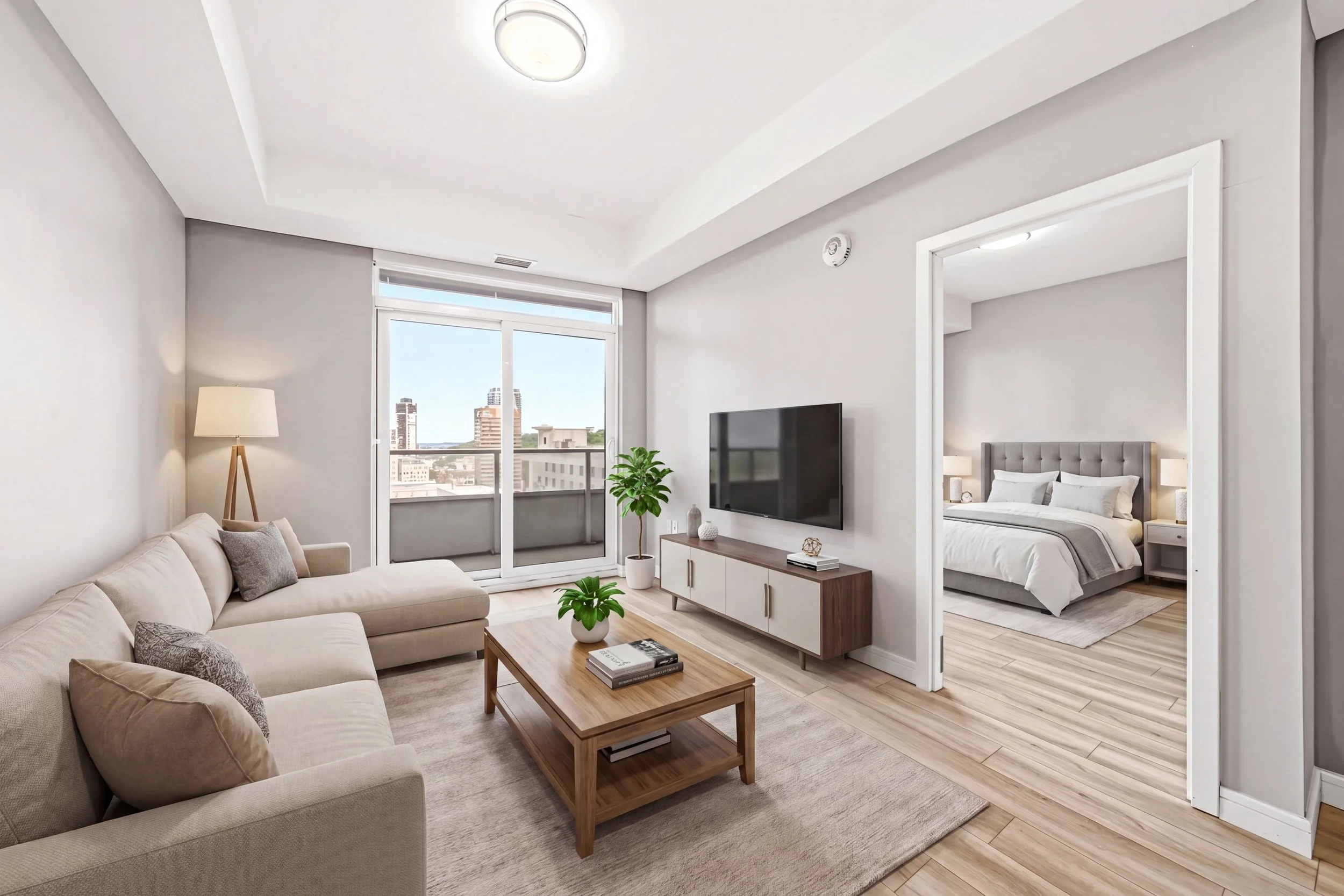 A modern living room with beige sofa, wooden coffee table, flat-screen TV on a white cabinet, green plants, and a large window with city view. Adjacent bedroom with grey bed, nightstands, and lamps is visible through an open doorway.