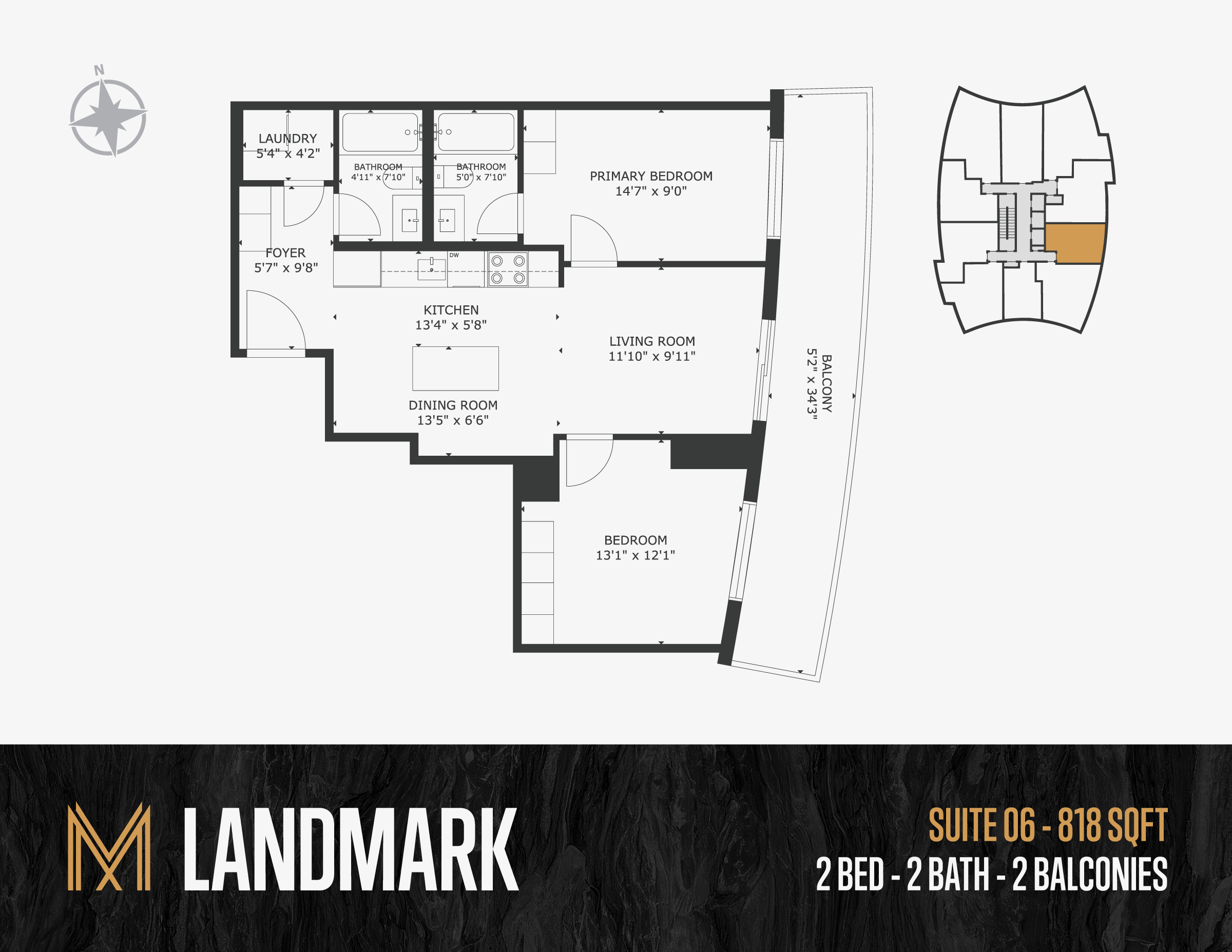 A detailed floor plan of an apartment layout showing rooms labeled as laundry, bathroom, primary bedroom, foyer, kitchen, dining room, living room, bedroom, and balcony with dimensions. An apartment complex map highlighting the unit's location in sui