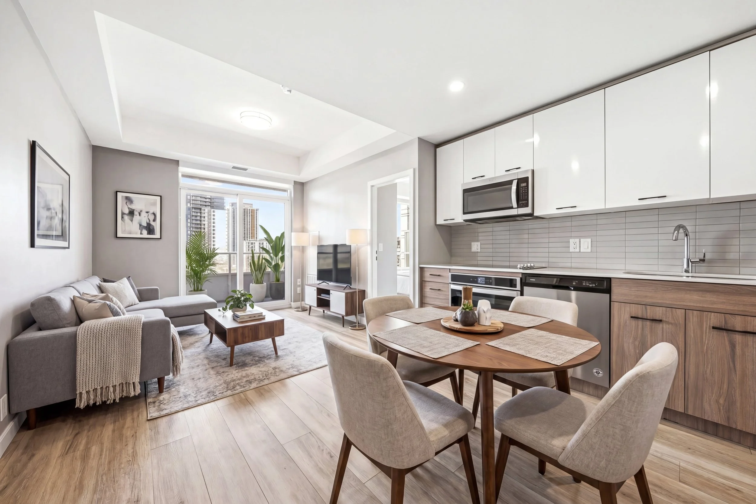Modern open-plan living room and kitchen with beige and gray furniture, wooden floor, large window with city view, and minimal decor.