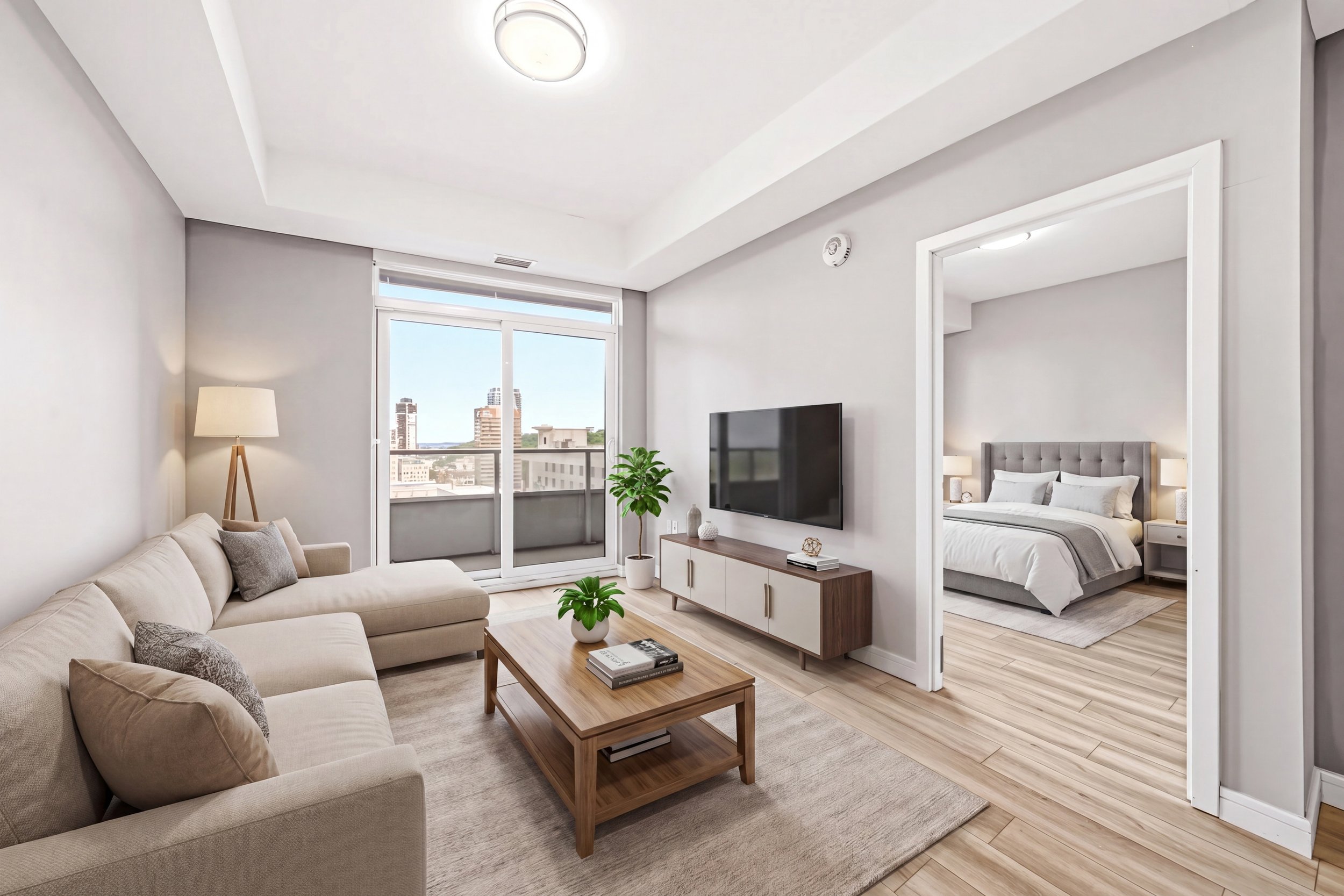 Living room with beige sofa, wooden coffee table, TV on a white cabinet, and balcony doors opening to a city view. Adjacent bedroom with gray bed and nightstands.
