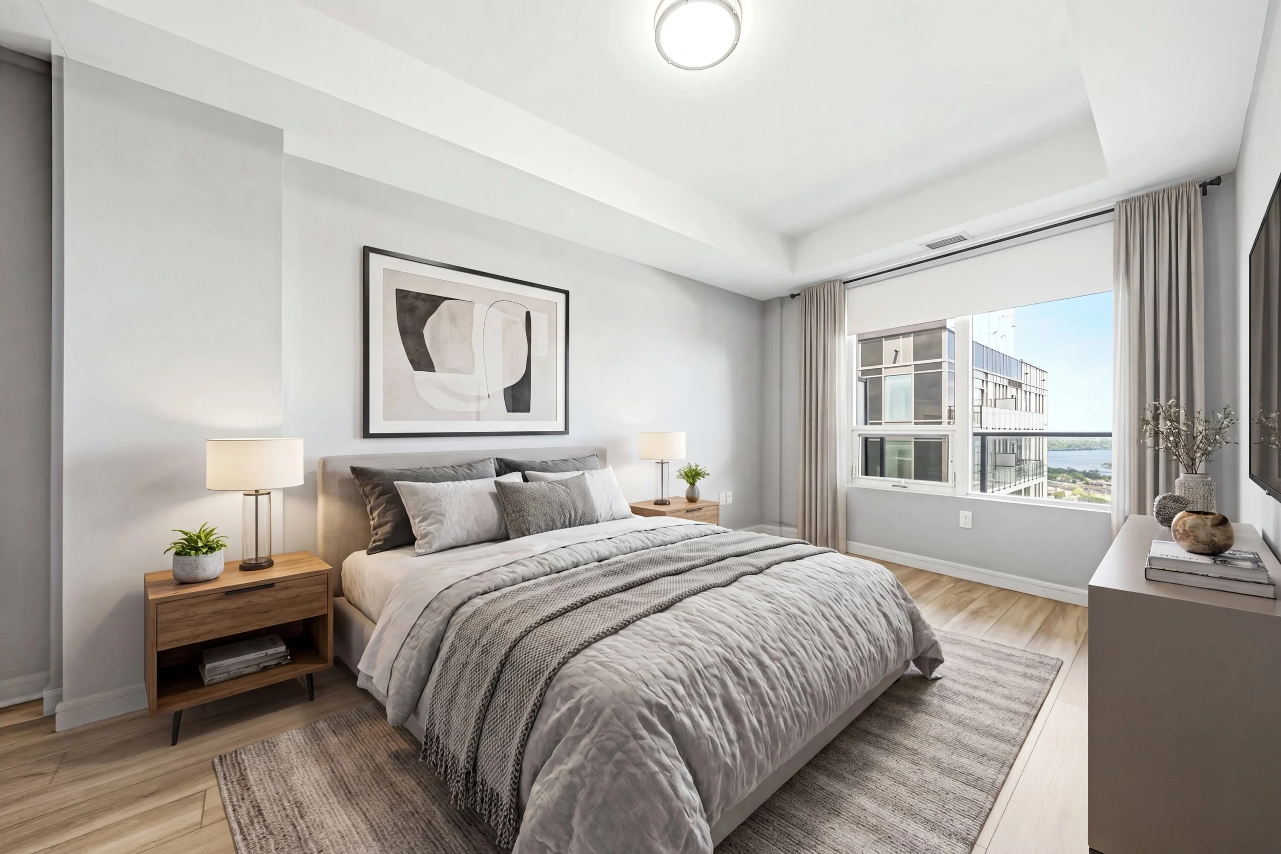 Modern bedroom with a large bed, abstract black and white artwork on the wall, two nightstands with lamps, a potted plant, a dresser with decorative objects, and a window with curtains overlooking a city view.