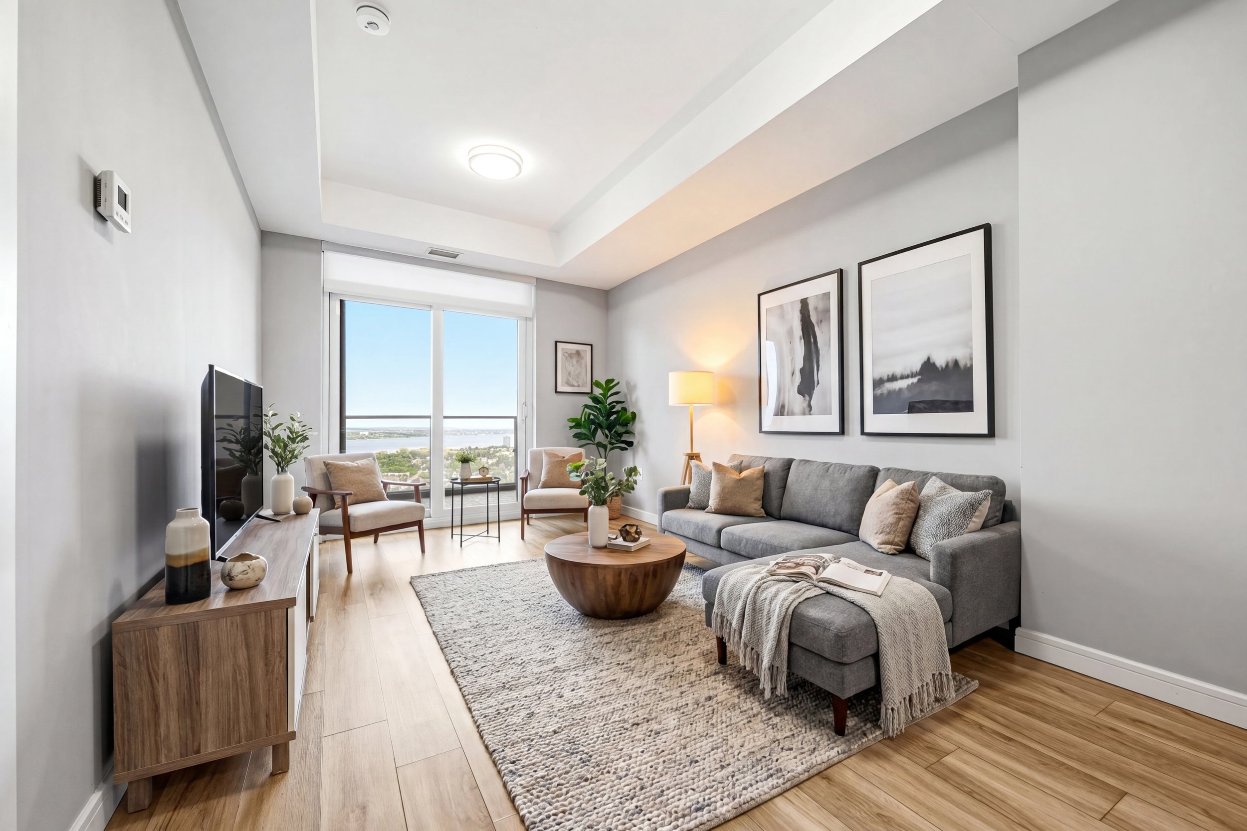 Living room with gray sofa, wooden coffee table, armchair, television, and wall art, lit by table lamp and natural light from large window overlooking cityscape.