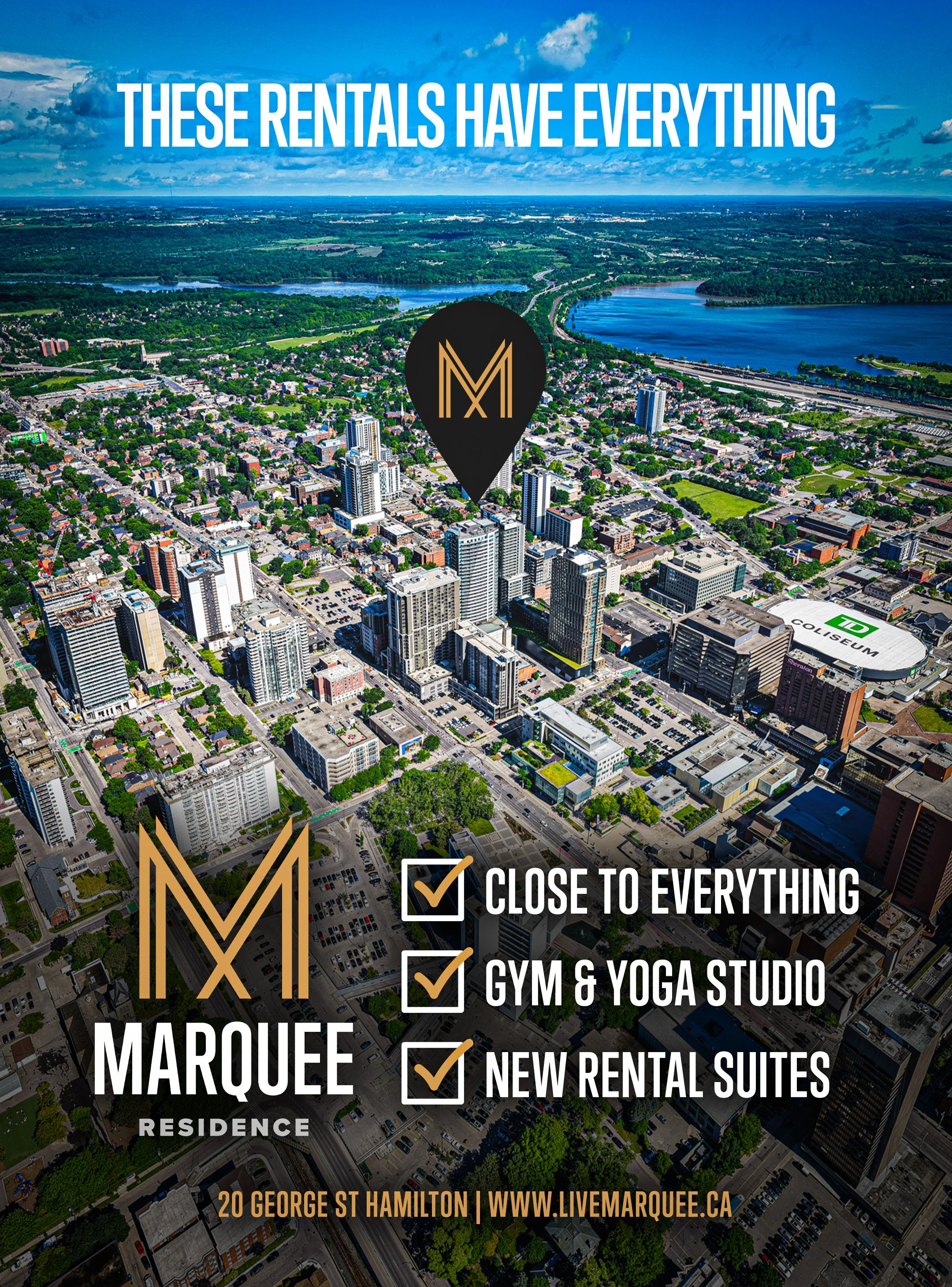 Aerial view of a city with tall buildings, green parks, a river, and surrounding nature, with text overlay promoting rental properties and amenities in Marquette, Michigan.