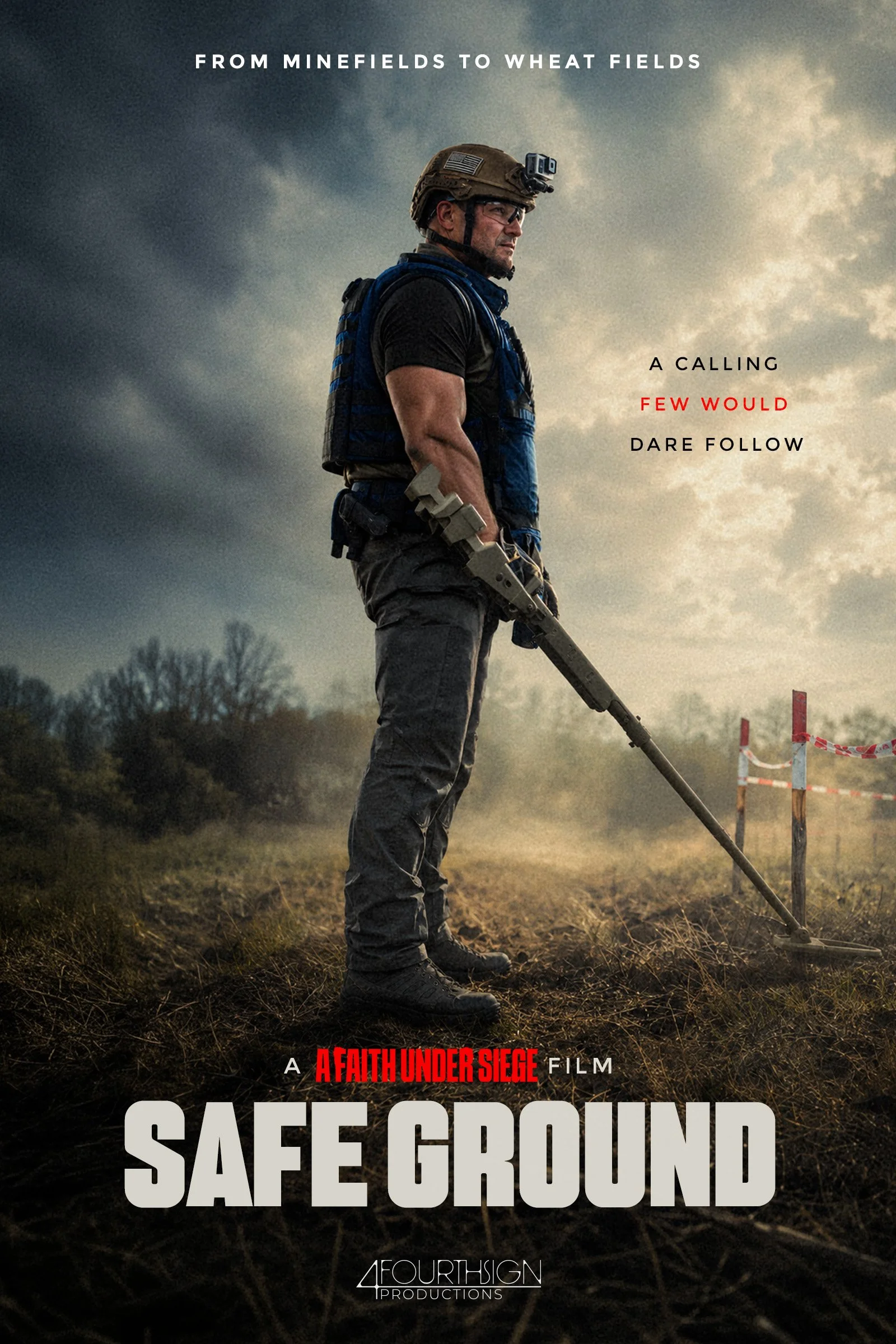 Safe Ground documentary poster featuring former U.S. Army Green Beret Ryan Hendrickson clearing landmines in Ukraine to restore farmland and protect civilian communities.