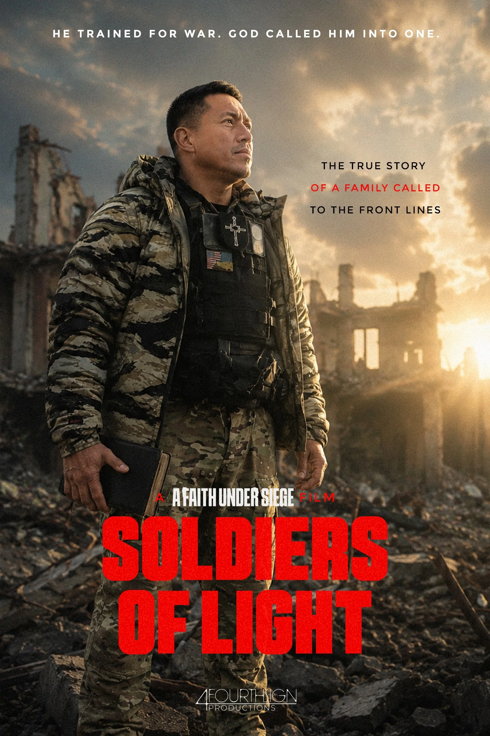 Soldiers of Light documentary poster featuring Christian Hickey, a former Green Beret turned missionary serving on the front lines of Ukraine.
