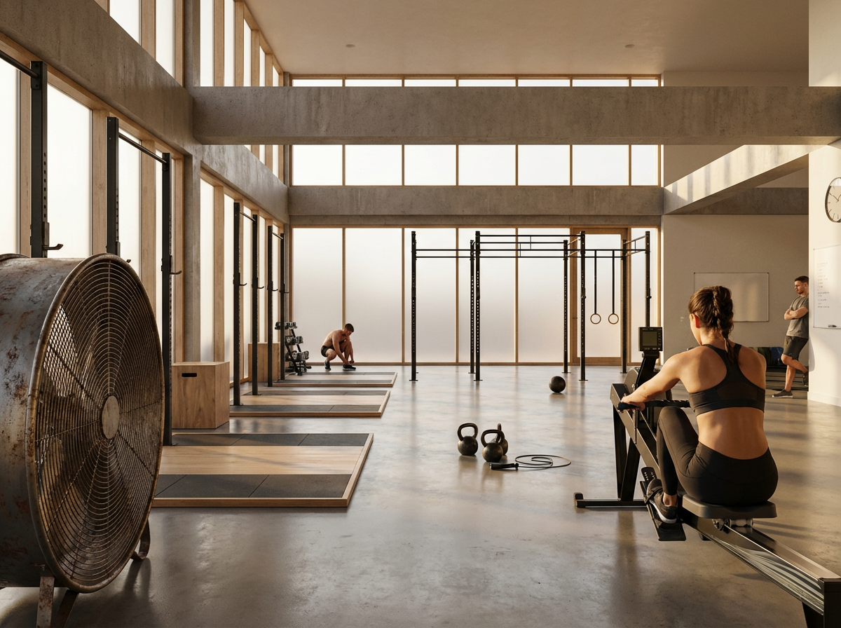 Interior of a modern gym with large windows, weightlifting equipment, kettlebells, rowing machine, and a fan. Three people are working out or resting.