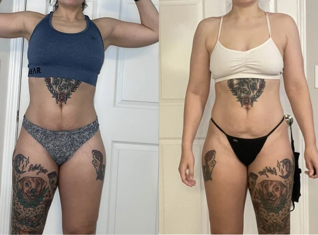 Comparison of a woman in two different outfits, showing her tattoos on her torso and legs.