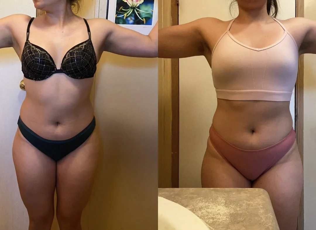Side-by-side before-and-after photos of a woman showing weight loss and body transformation, with arms raised in both images.