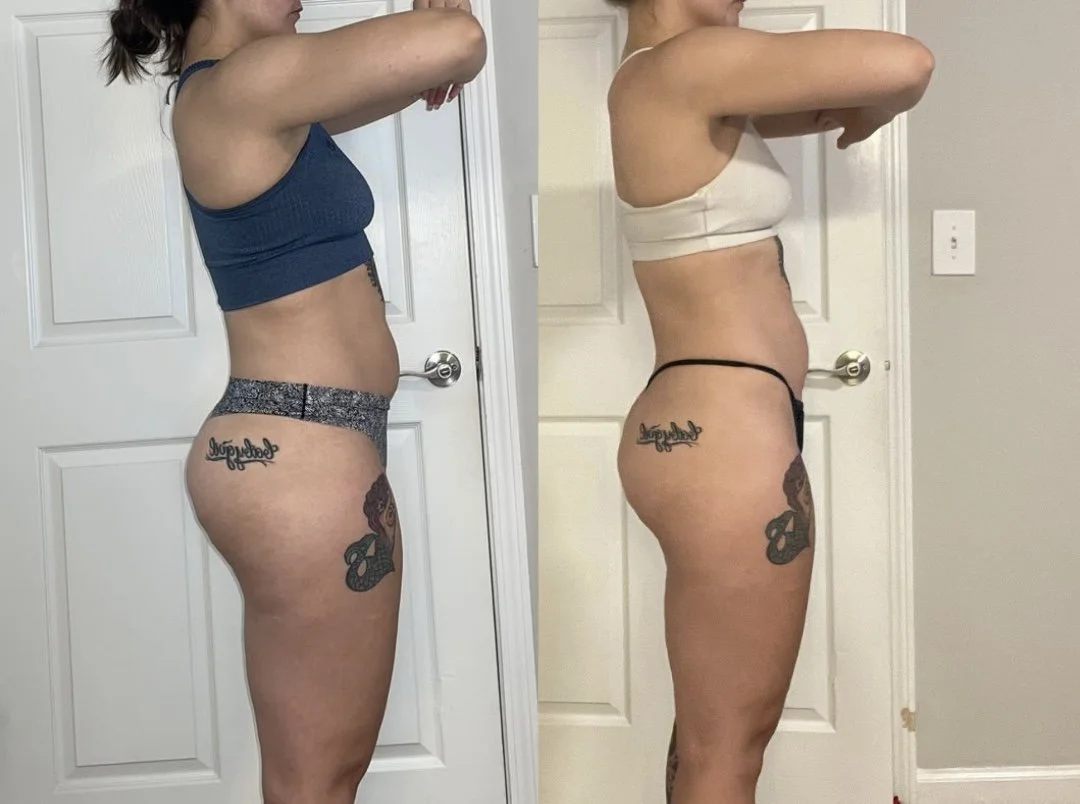 Side-by-side comparison of a woman before and after body transformation, showing a slimmer physique in the after photo.