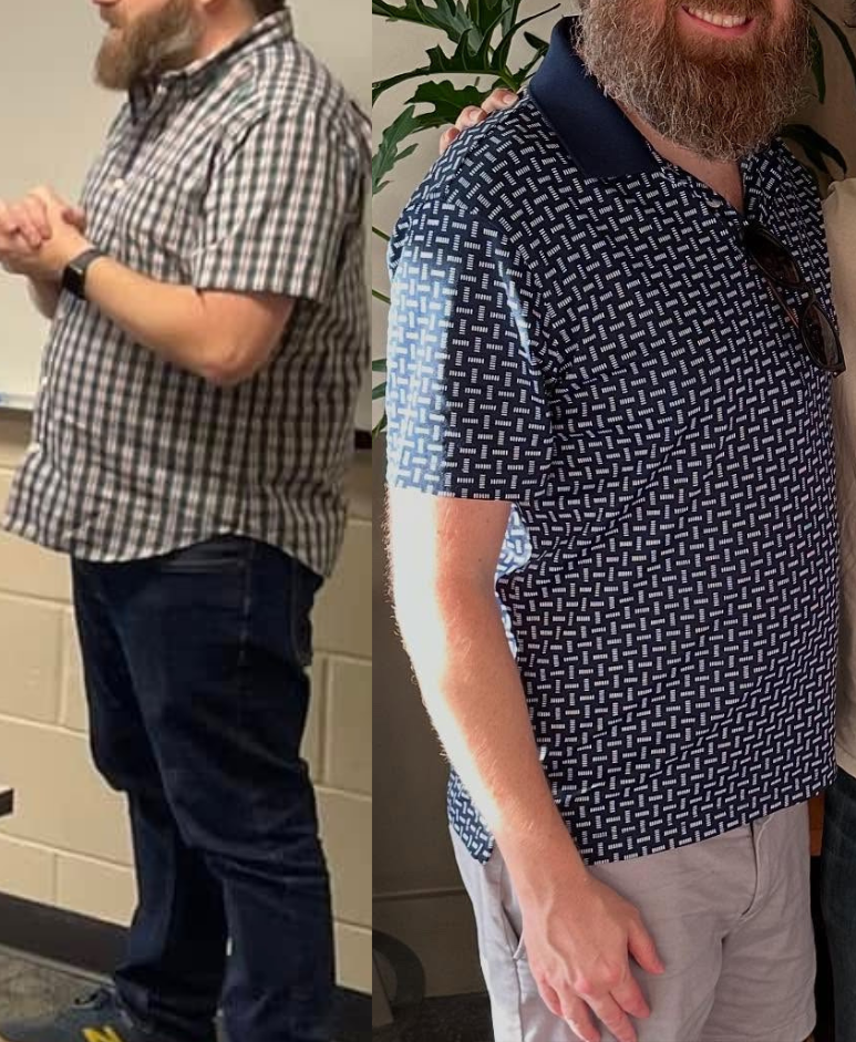 Comparison of two men with beards wearing patterned shirts, one in a checkered shirt and the other in a geometric pattern shirt, posing indoors.