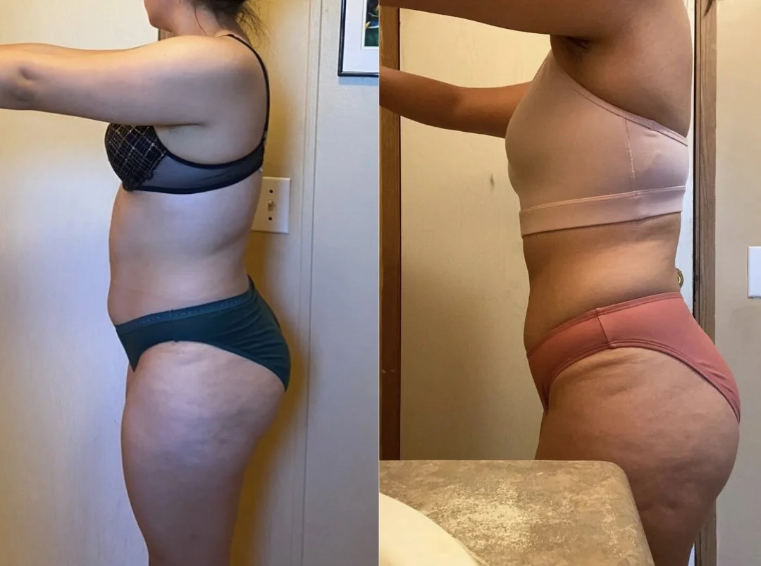 Side-by-side comparison of a woman’s midsection showing weight loss progress. The left photo shows her before, with a less toned waist and hips. The right photo shows her after, with a more toned and slimmer waist and hips, wearing pink workout clothes.