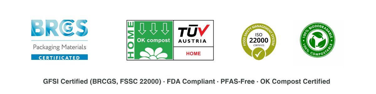 PakNature certification badges — BRCGS, ISO 22000, TÜV Austria OK Compost