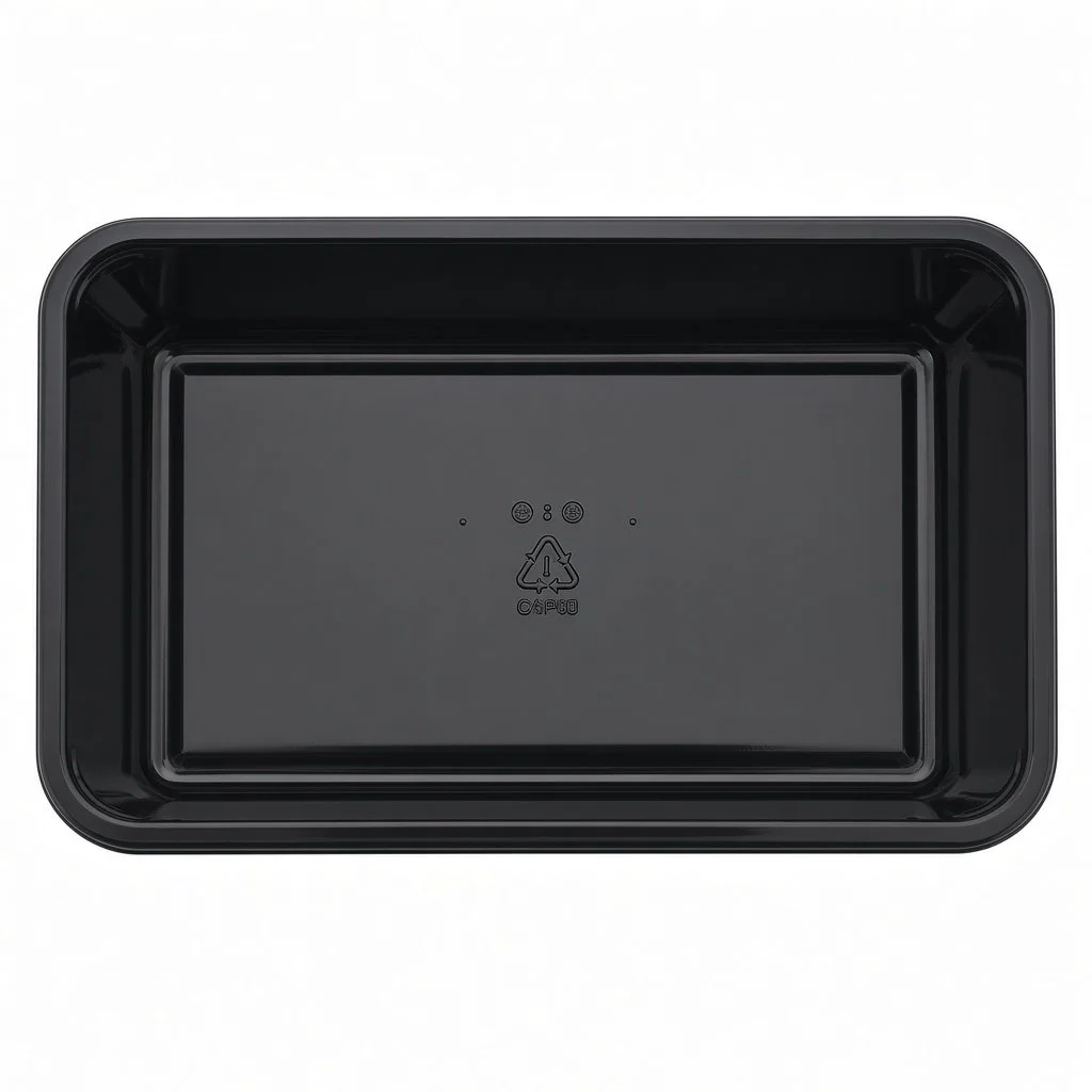 black rectangular bakeable tray made with CPET freezer and oven safe