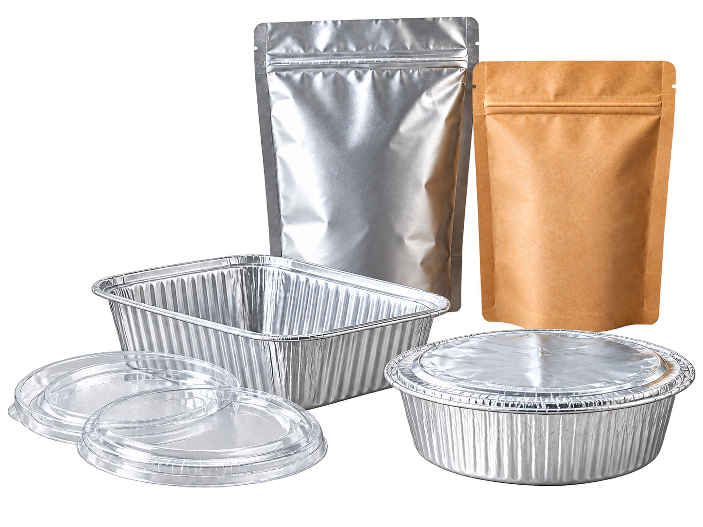 Flexible Packaging and Pouches and aluminum containers with PET lid