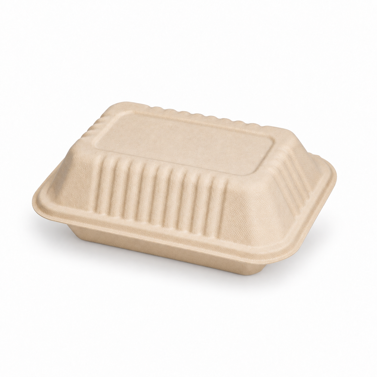 Rectangular hinged clamshell container made with bagasse and bamboo pulp material