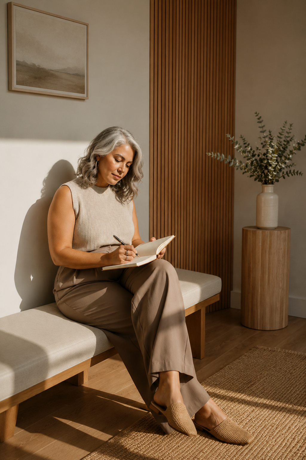A woman in midlife with gray hair sitting on a beige bench in a modern room, writing in her journal about her new sense of freedom from her therapeutic self discovery. The room has wooden accents and a potted plant.