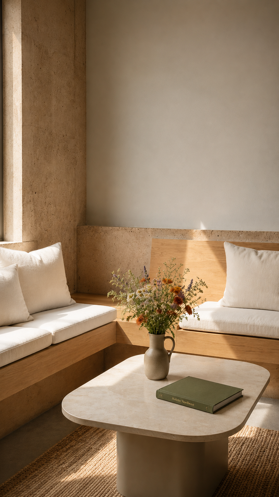 Calm room with a green book and a vase of flowers. Holistic Northwest offers therapy for women navigating midlife transitions. Integrative, holistic, mindfulness-based counseling in Manzanita, OR and via telehealth across Oregon and Washington.
