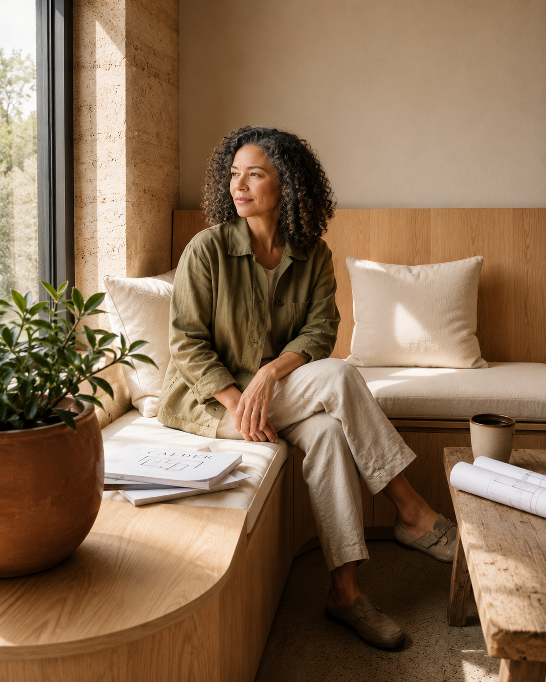 Woman in midlife thinking about the changes in her life. Woman with brown hair and green shirt sitting and looking out window.