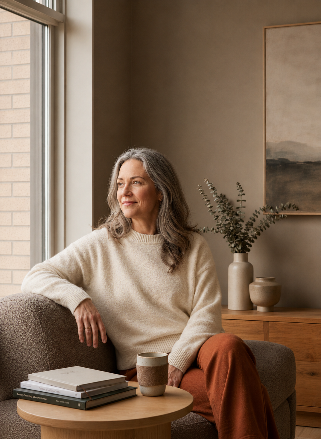 A woman in midlife with gray hair sitting on a sofa by a window, holding a ceramic mug. Exploring feelings of life transition, body changes and self compassion.