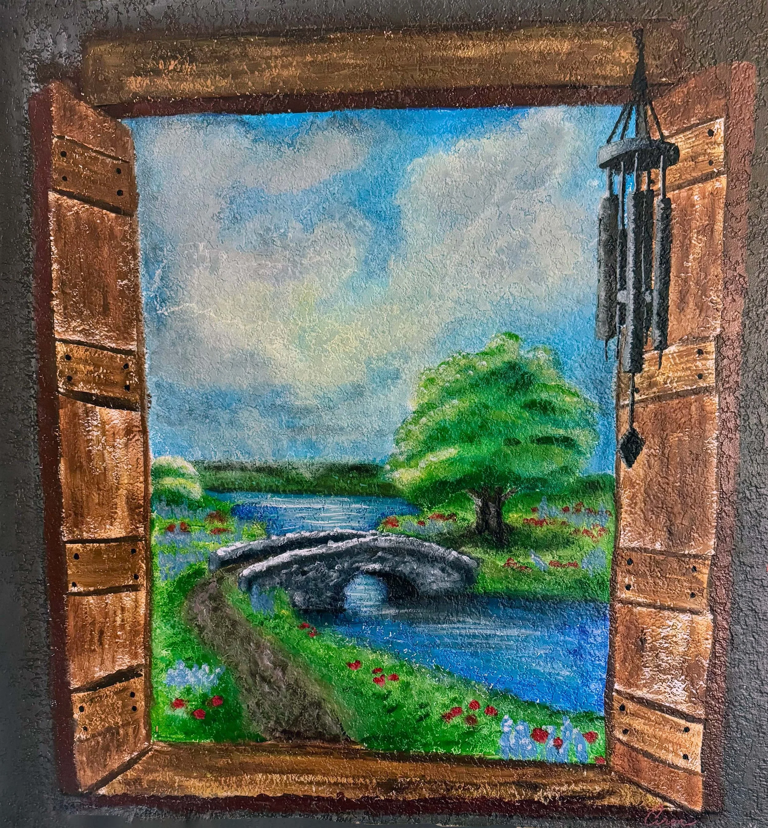 A painting of a window that looks out to a landscape with a tree, a river, and mountains under a blue sky with clouds.
