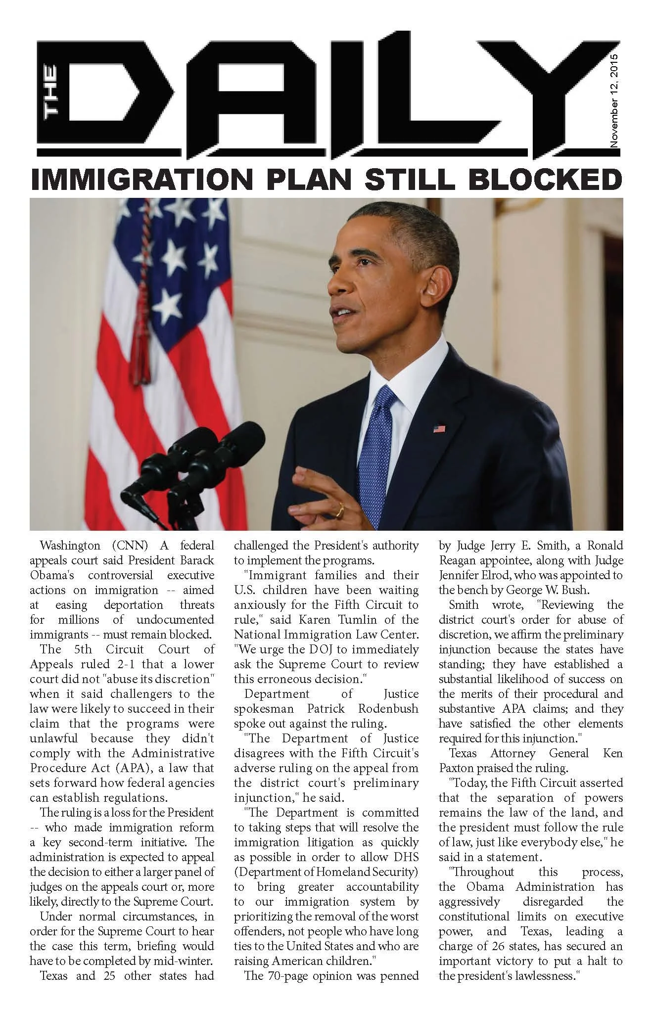 The Daily masthead and front-page news layout