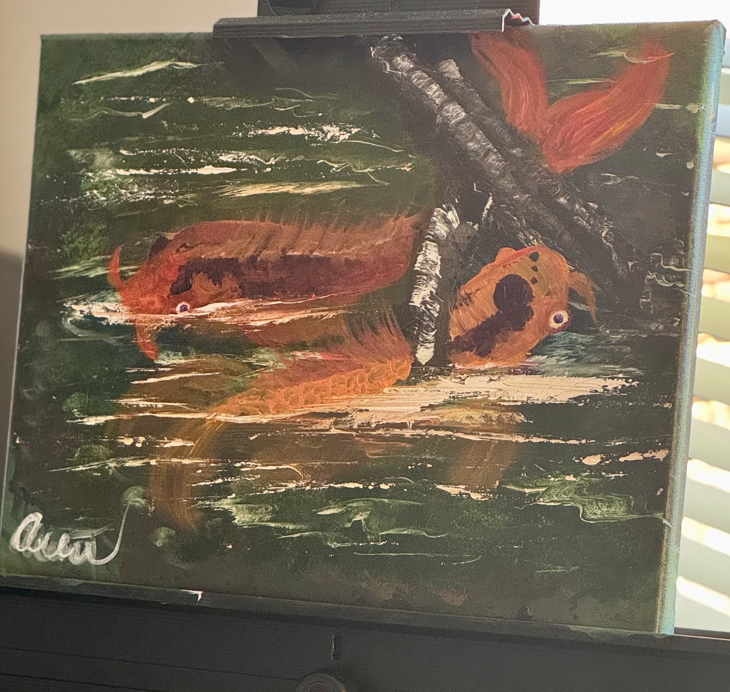 Koi in Motion:
Oil on Acrylic. Less about the fish, more about the water moving around them.