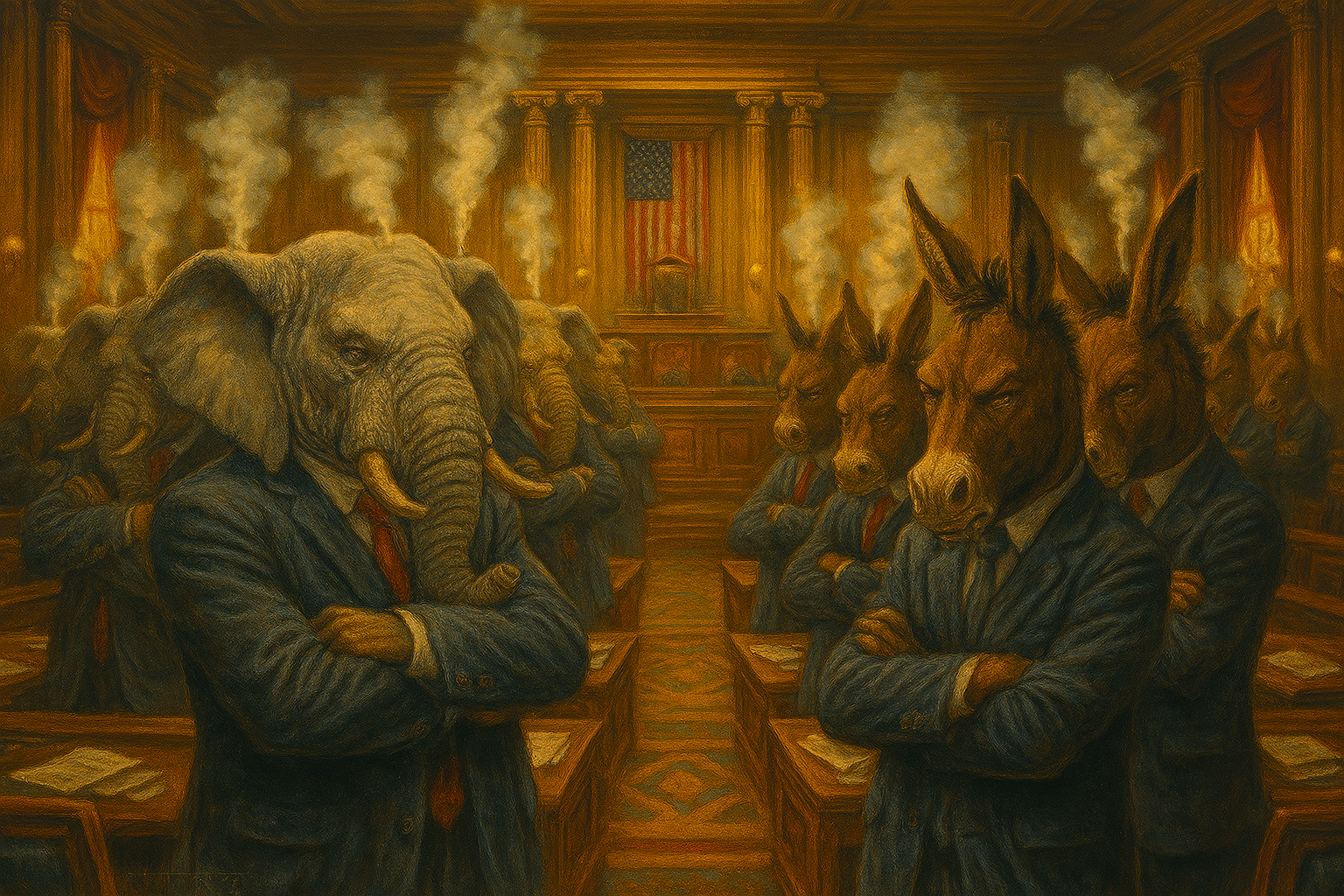 Crybaby Caucus:
Equal opportunity satire. Neither side comes out looking mature.