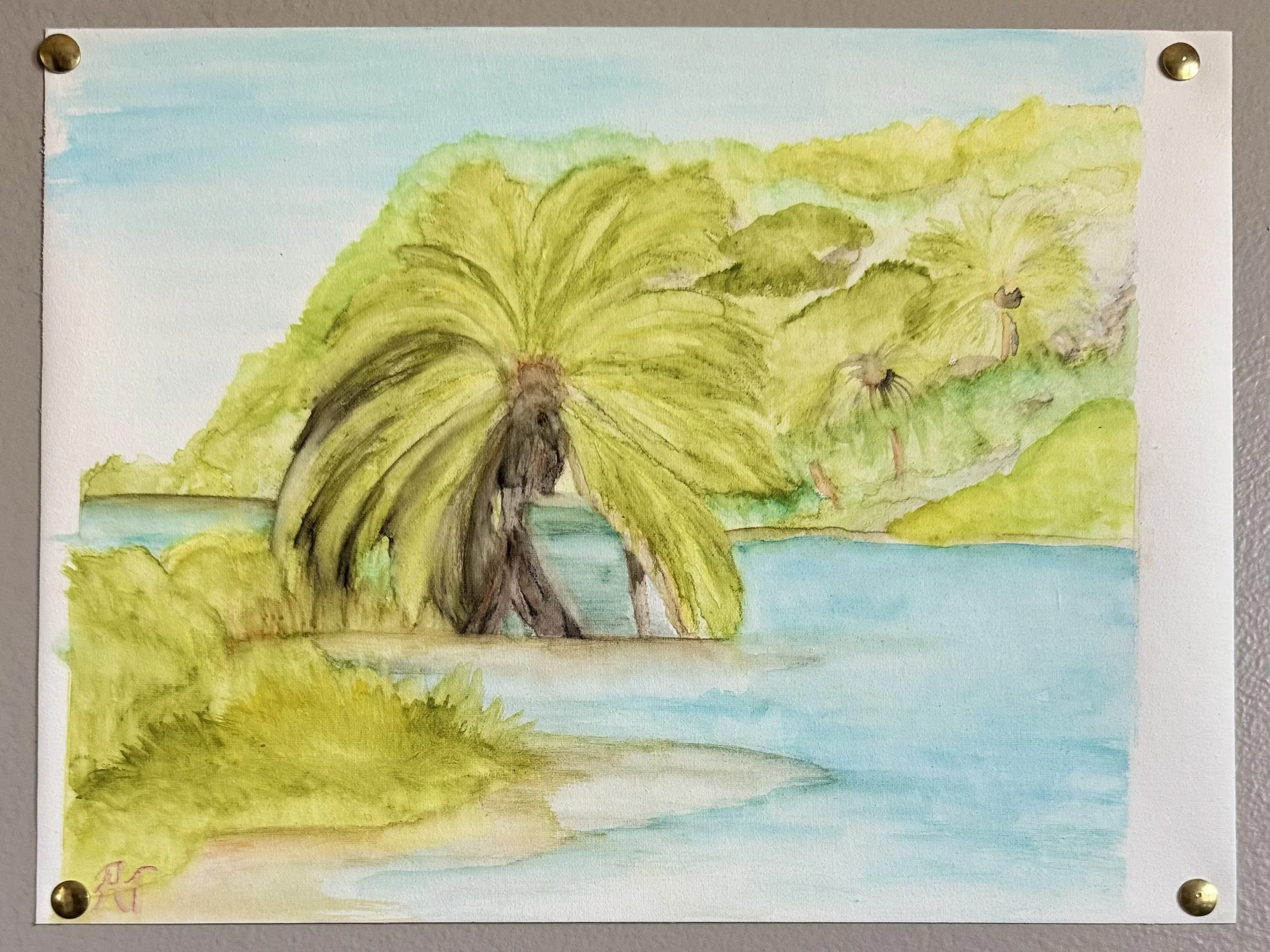 Shoreline, Watercolor:
Paint loose enough to let the water do some of the work.